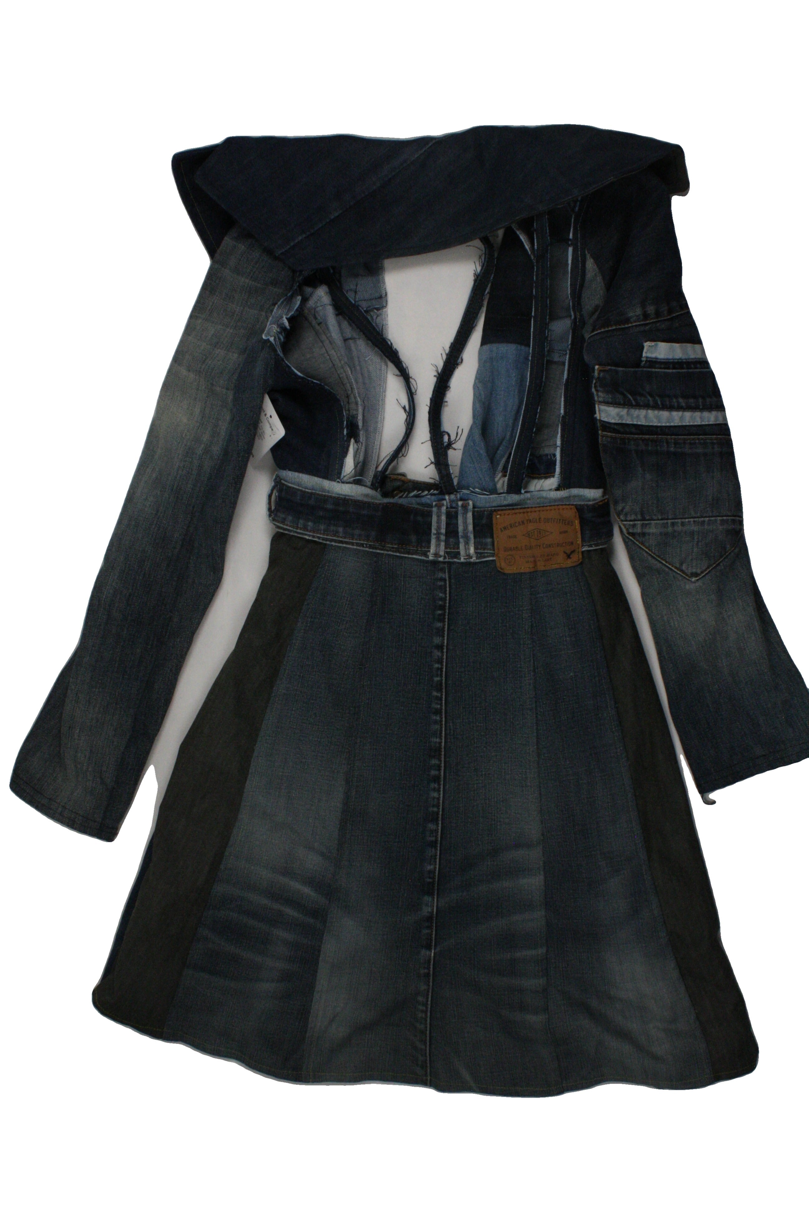 ADC Upcycled Women's Blue Coat with Denim, Distressed Back Cutout, Collar