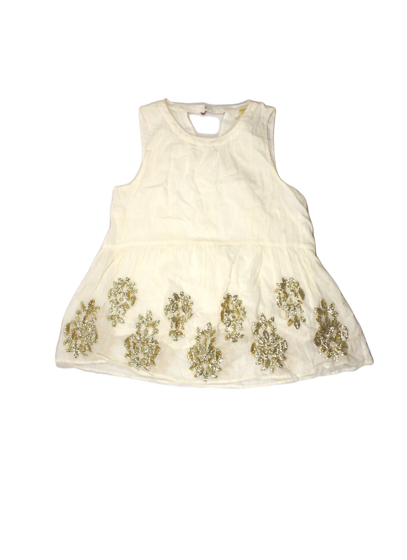 Maeve Anthropologie Women's Cream/Gold Sleeveless Round Neck Top with Sparkly Bottom Embroidery – Size XS