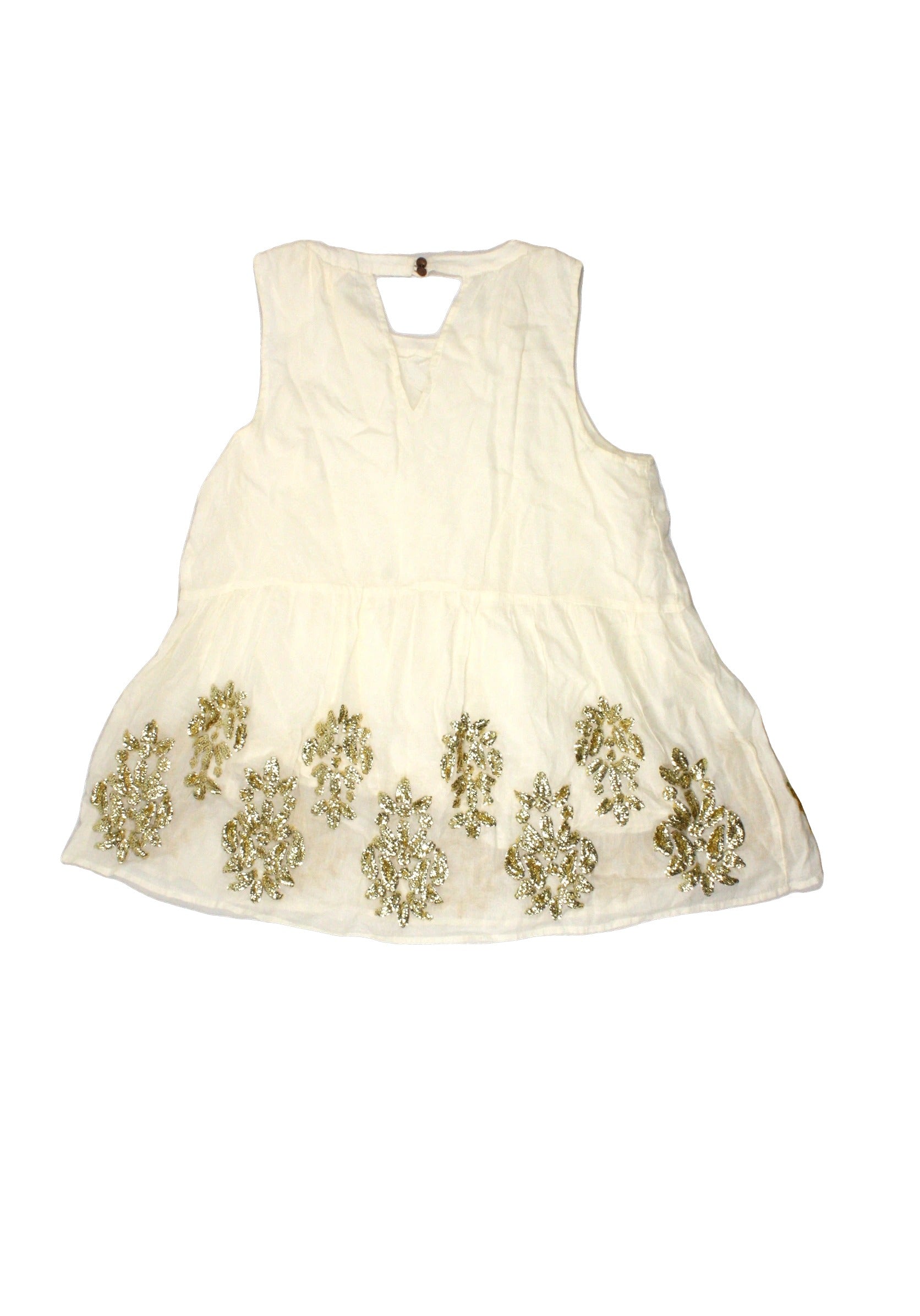 Maeve Anthropologie Women's Cream/Gold Sleeveless Round Neck Top with Sparkly Bottom Embroidery – Size XS