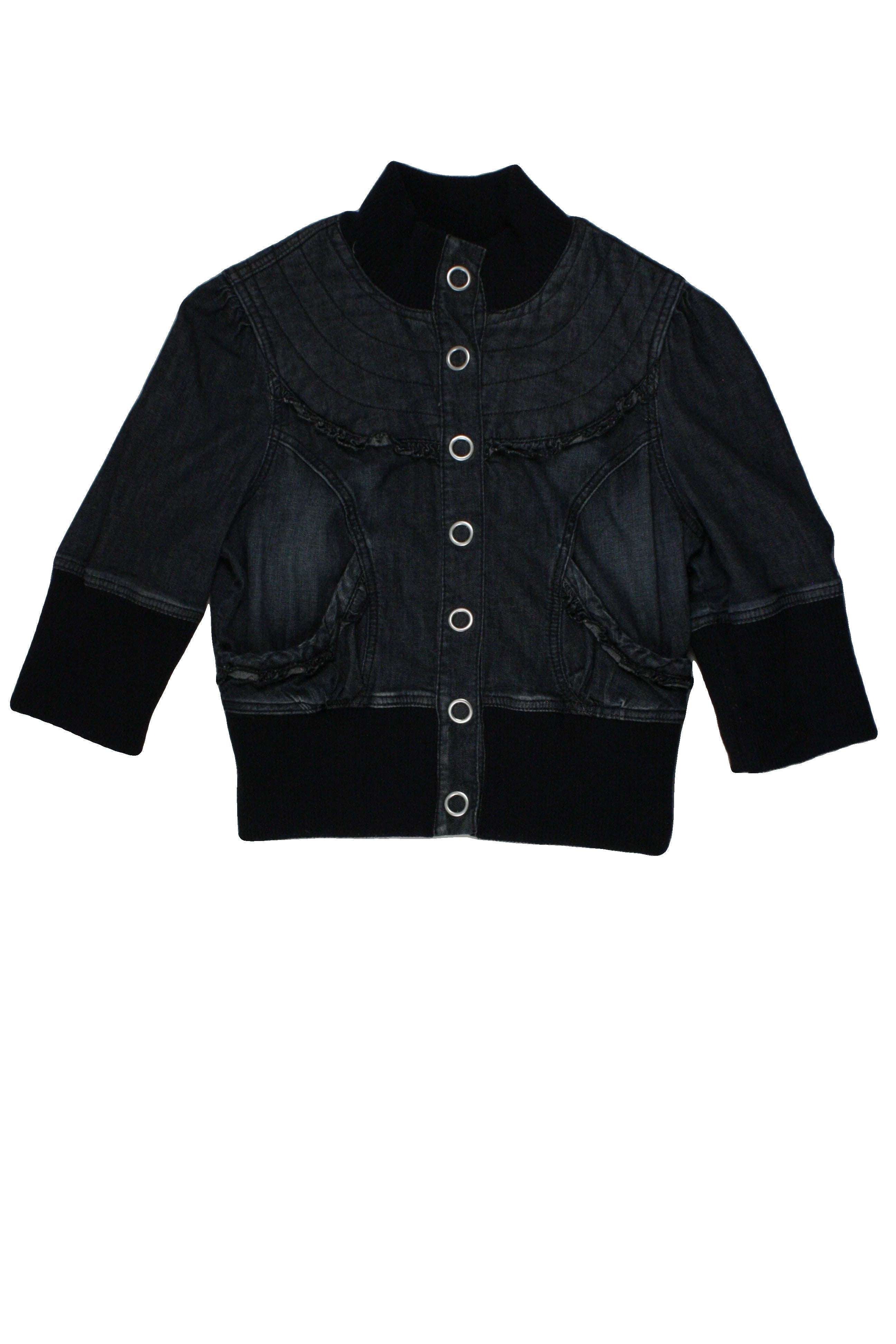 Joit Women's Blue/Dark Wash 3/4 Sleeve Jacket with 2 Pockets, Ribbed Trim, Snap-Up, Front Ruffle Hem