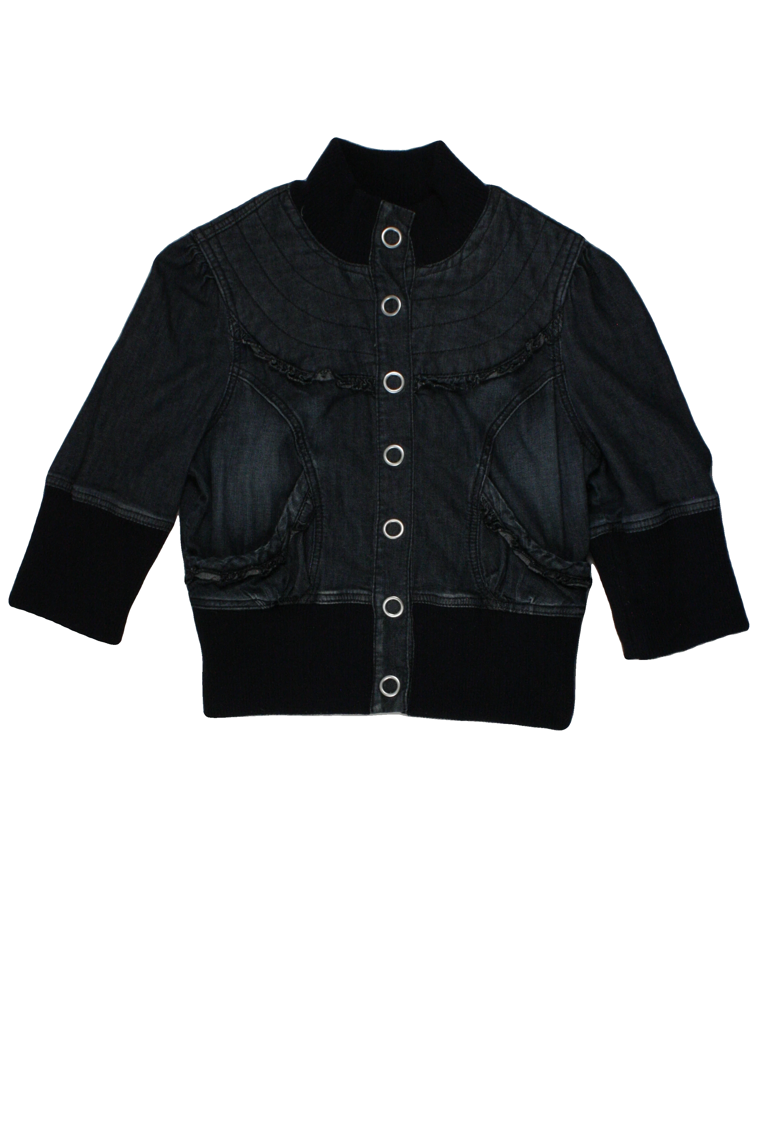 Joit Women's Blue/Dark Wash 3/4 Sleeve Jacket with 2 Pockets, Ribbed Trim, Snap-Up, Front Ruffle Hem