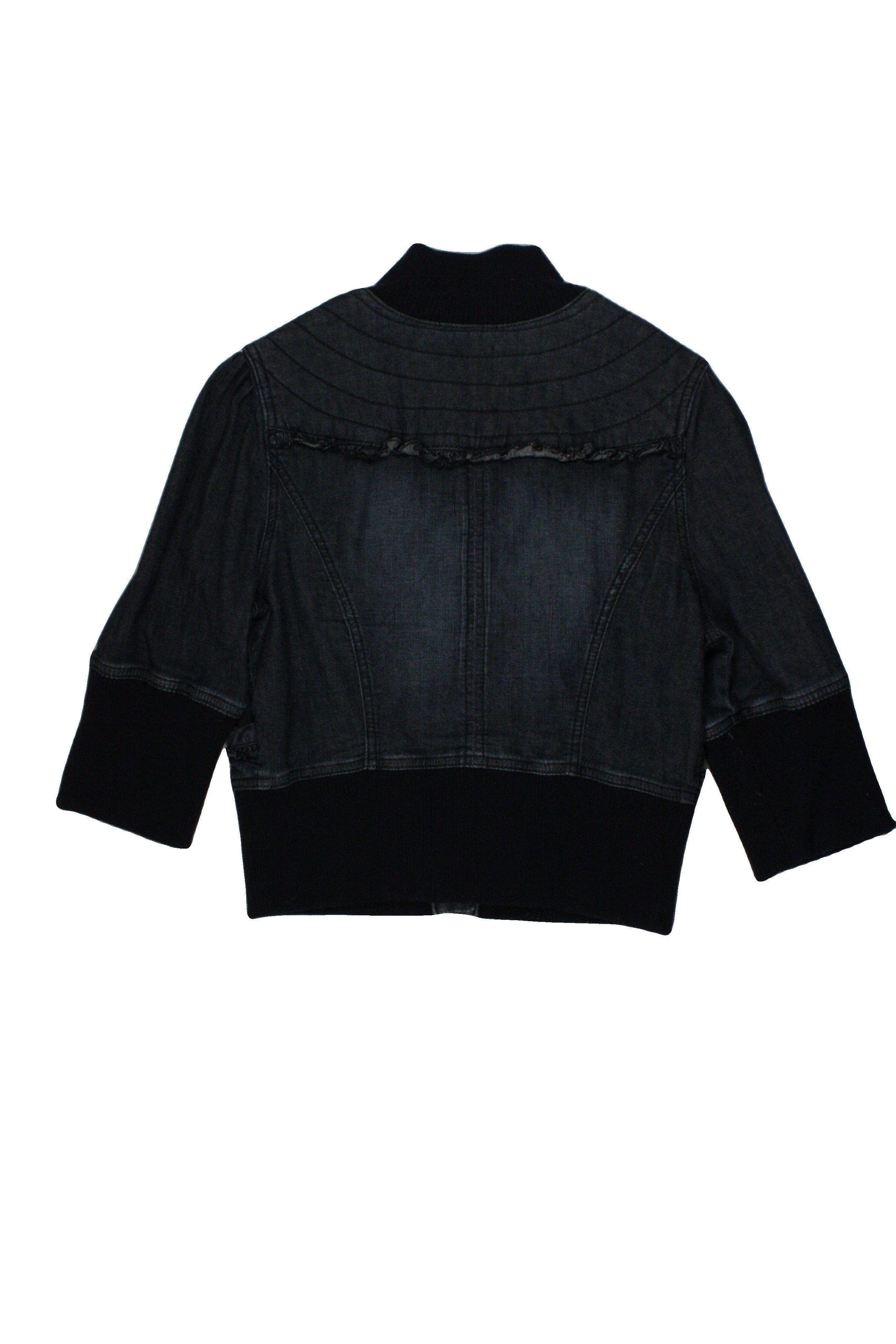Joit Women's Blue/Dark Wash 3/4 Sleeve Jacket with 2 Pockets, Ribbed Trim, Snap-Up, Front Ruffle Hem