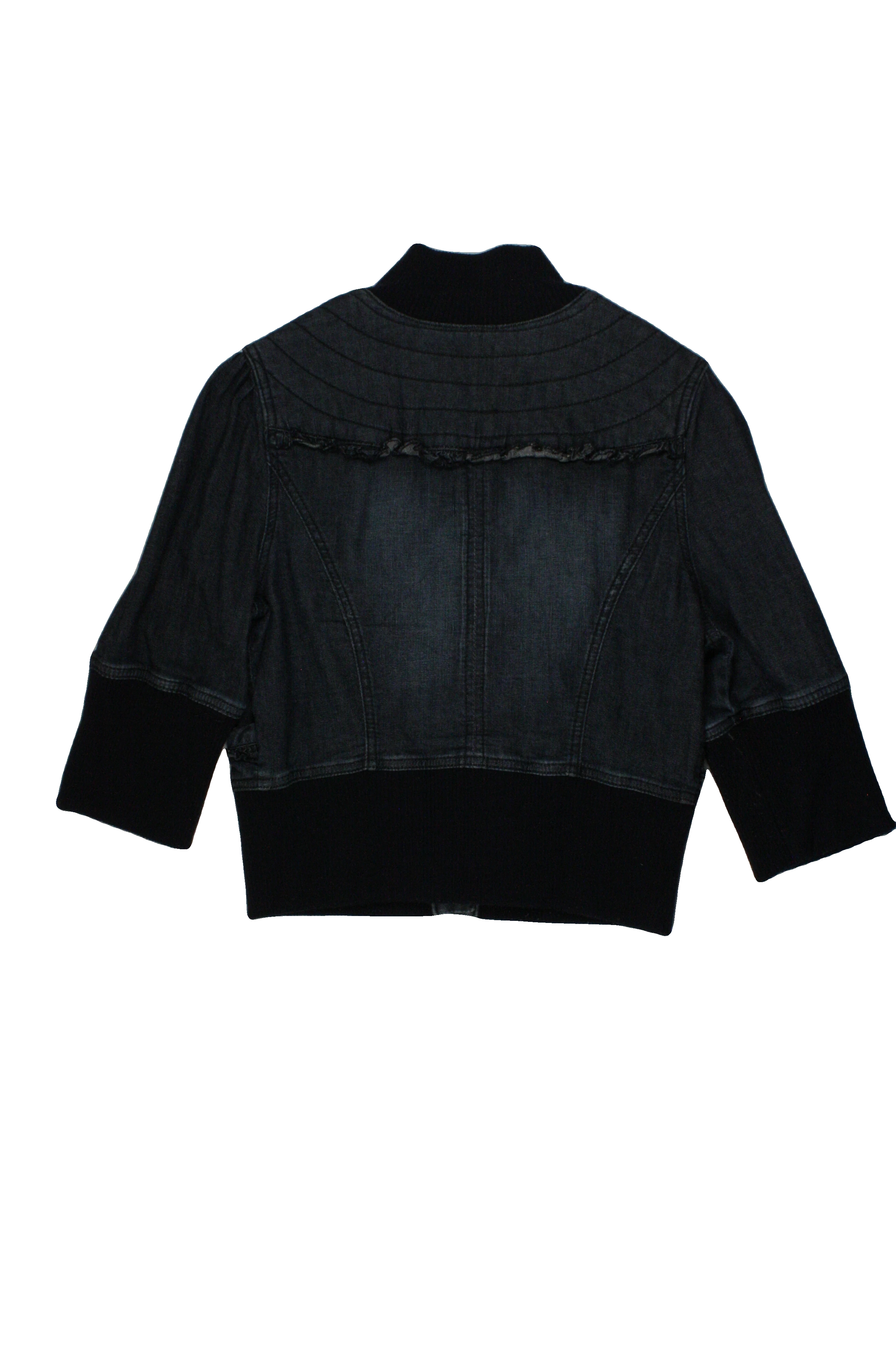 Joit Women's Blue/Dark Wash 3/4 Sleeve Jacket with 2 Pockets, Ribbed Trim, Snap-Up, Front Ruffle Hem