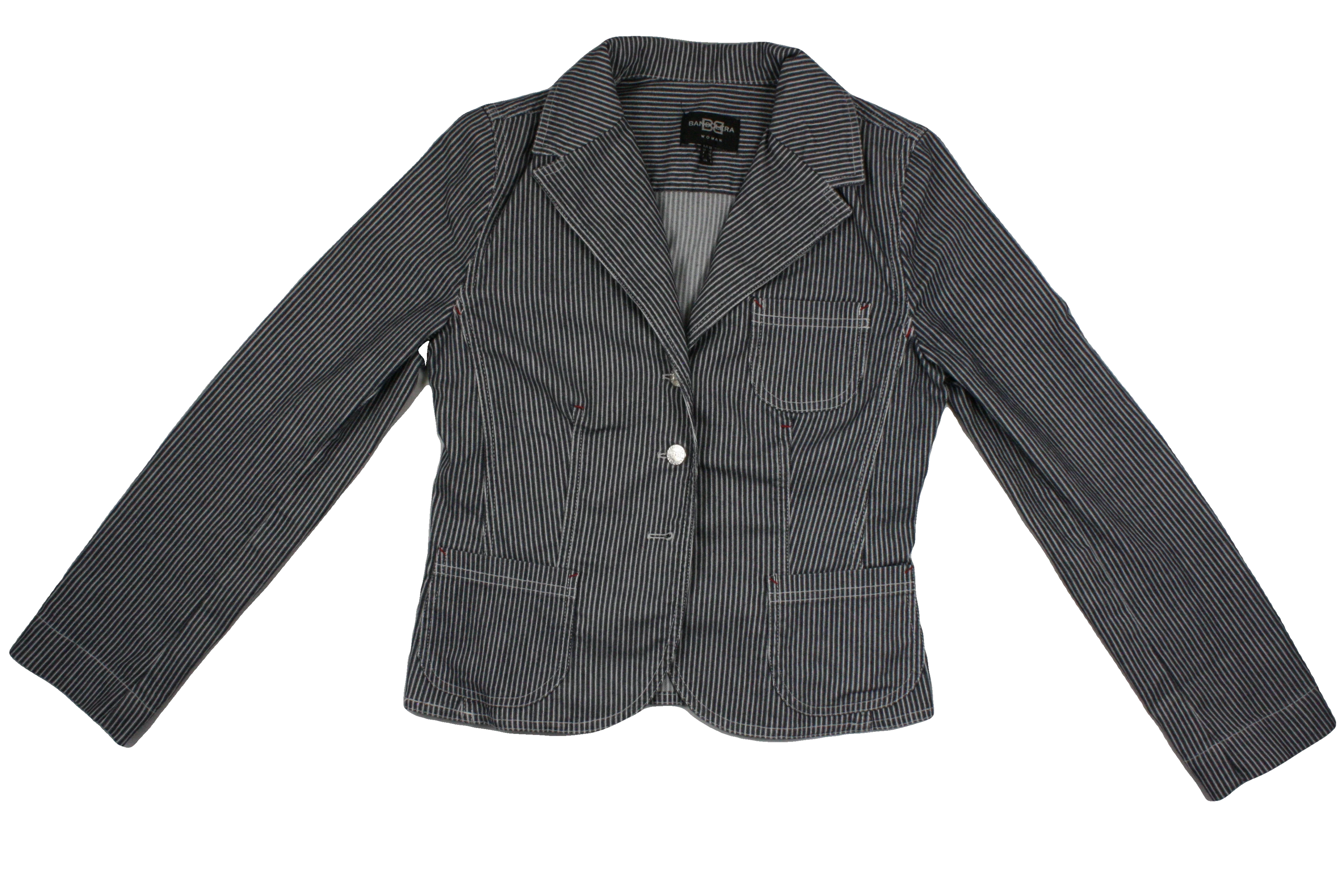 Bandolera Women's Blue/White Long Sleeve Blazer with 3 Pockets, Buttons, Silver Buttons, Collar – Size 8