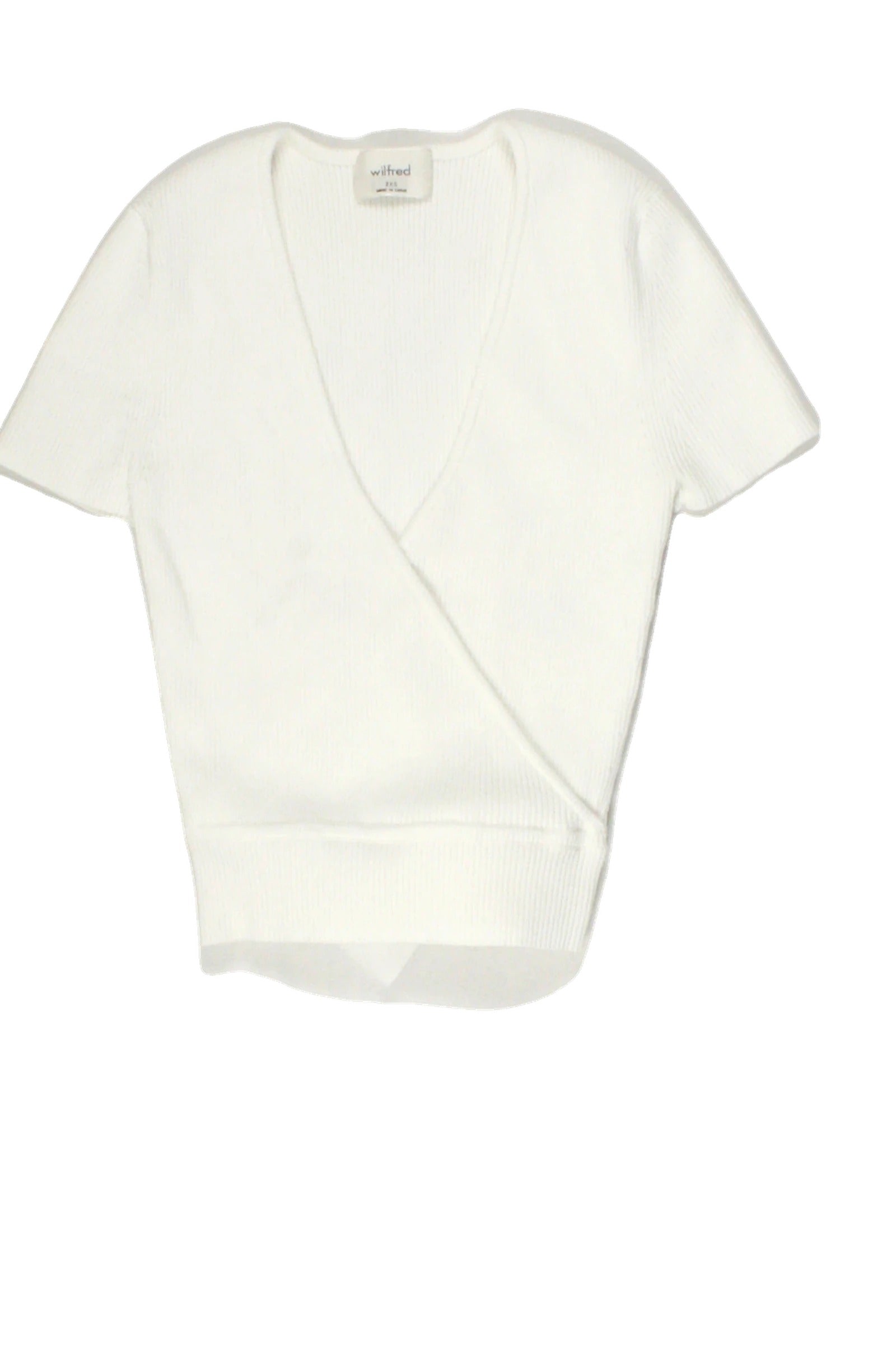 Wilfred Women's White Wrap Front Short Sleeve V-Neck Top with Rib Knit, Waist Tie, Stretch – Size 2XS