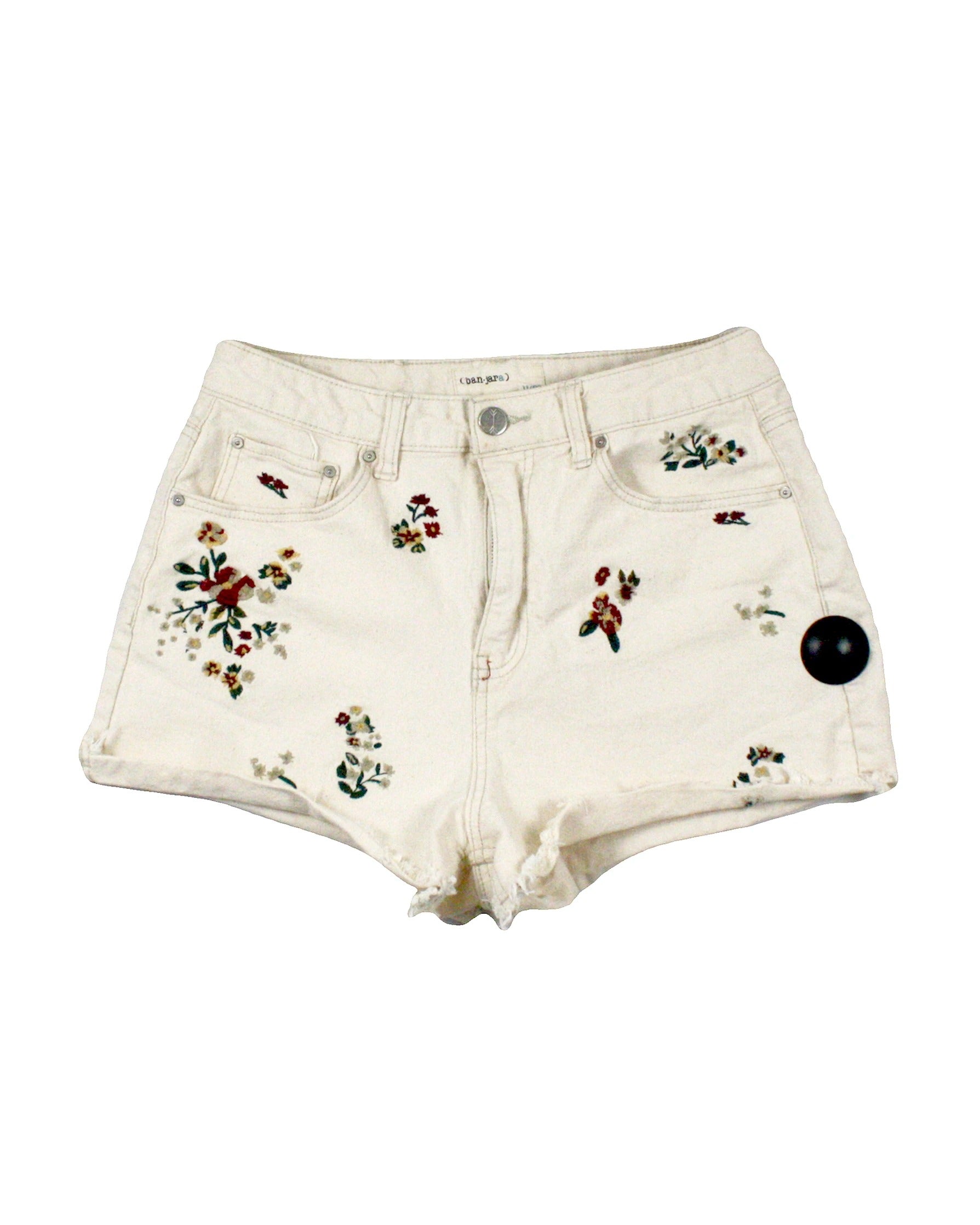 Ban.jara Women's Cream/Green/Maroon/Yellow Shorts with Denim, Five Pockets, Raw Hem – Size W29
