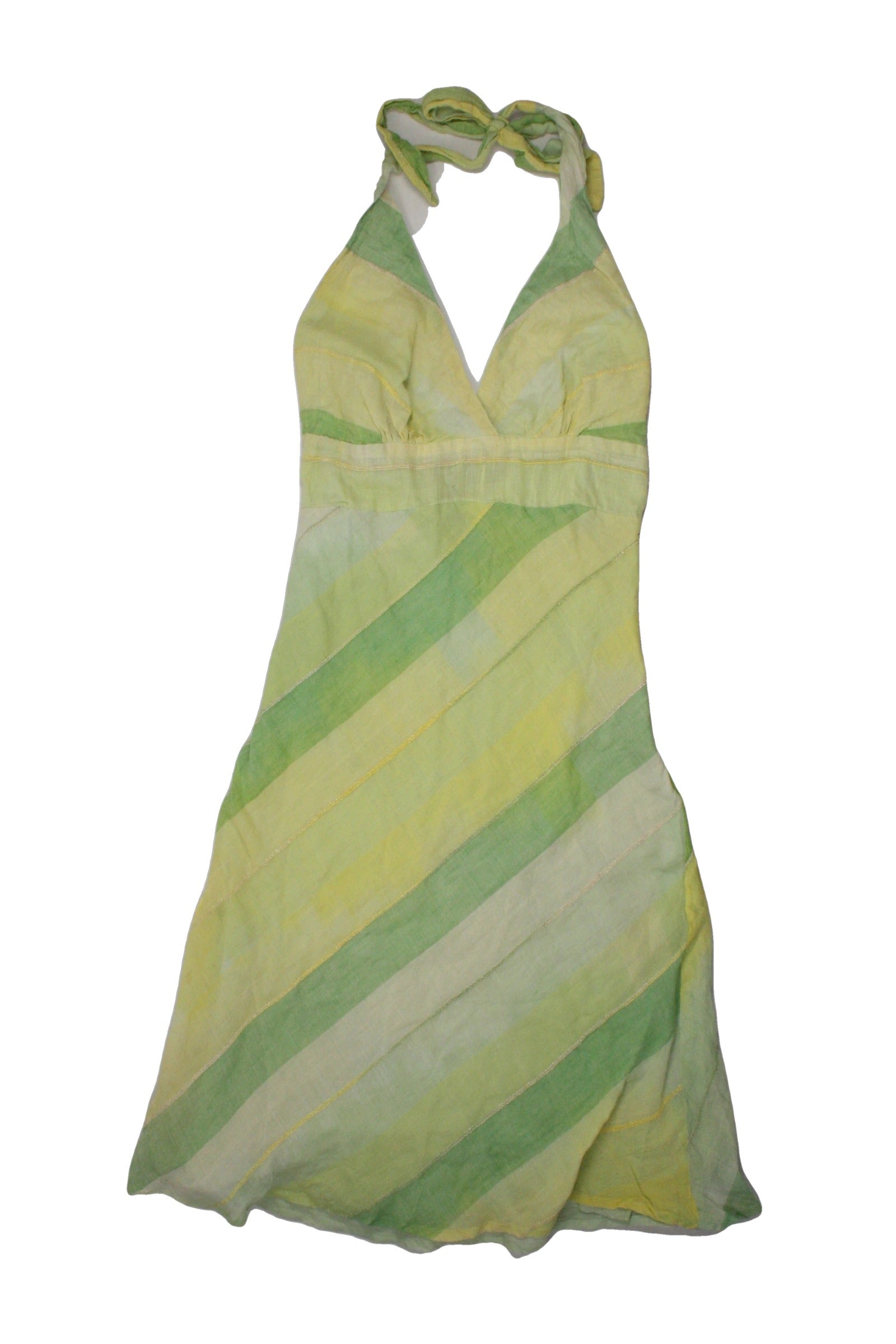 Dynamite Women's Light Yellow/Green/Cream Sleeveless Halter Dress with Cotton, Mini, Triangle Bust – Size 3