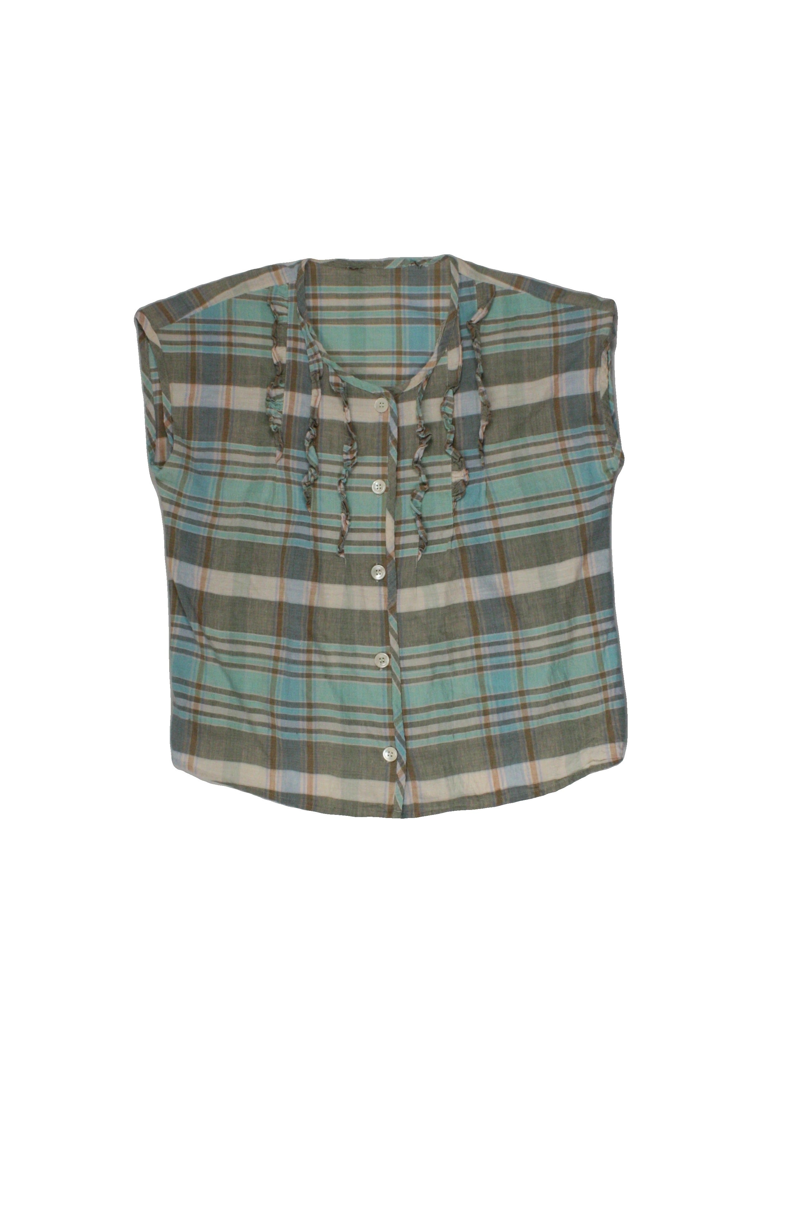 No Brand Women's Turquoise/Dark Olive/Cream/Light Blue Sleeveless Shirt with Buttons, Shiny Buttons, Plaid, Chest Ruffles