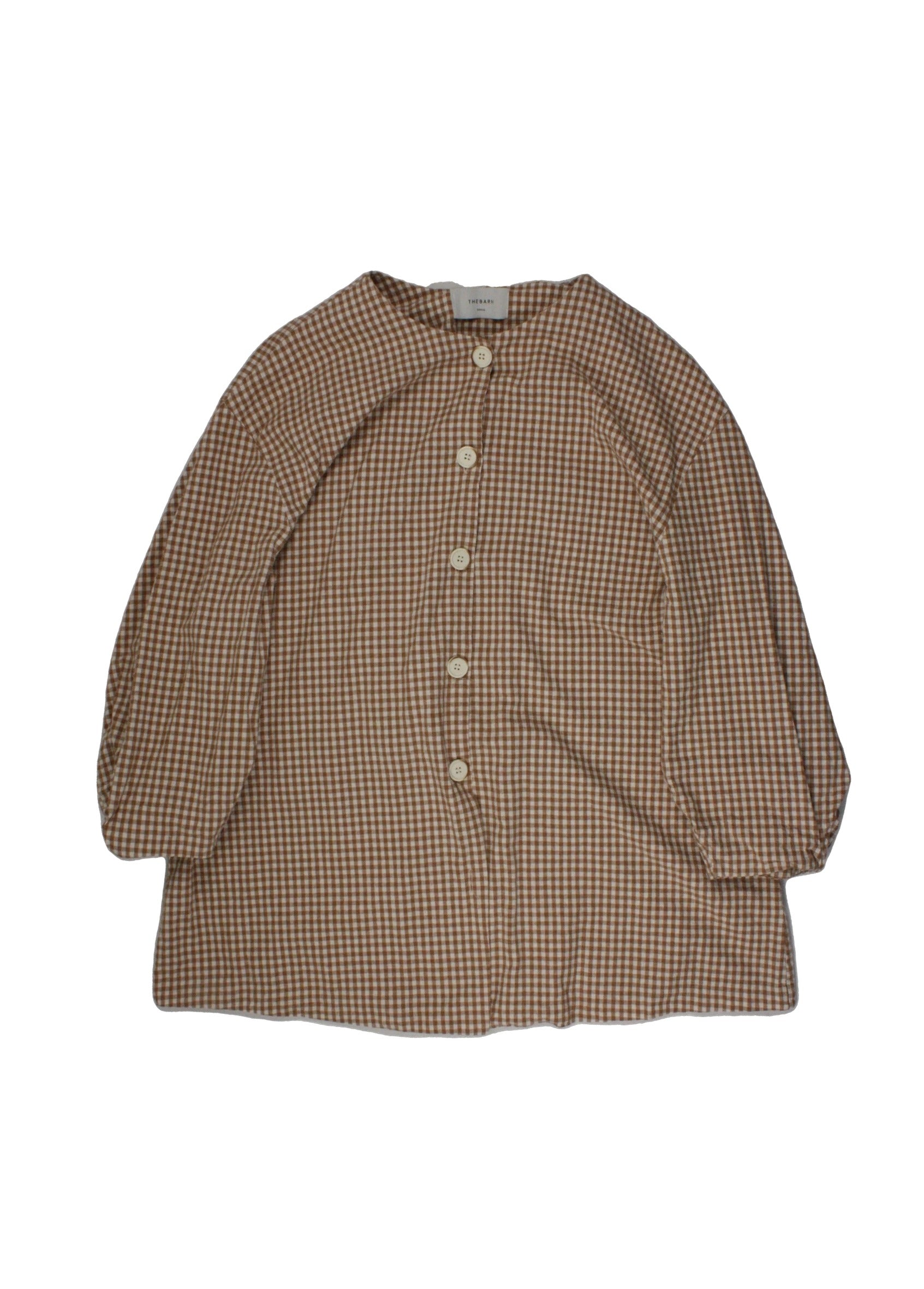 The Barn Women's White/Brown Puff Sleeve 3/4 Sleeve Round Neck Jacket with Cotton, Button Front, Gingham