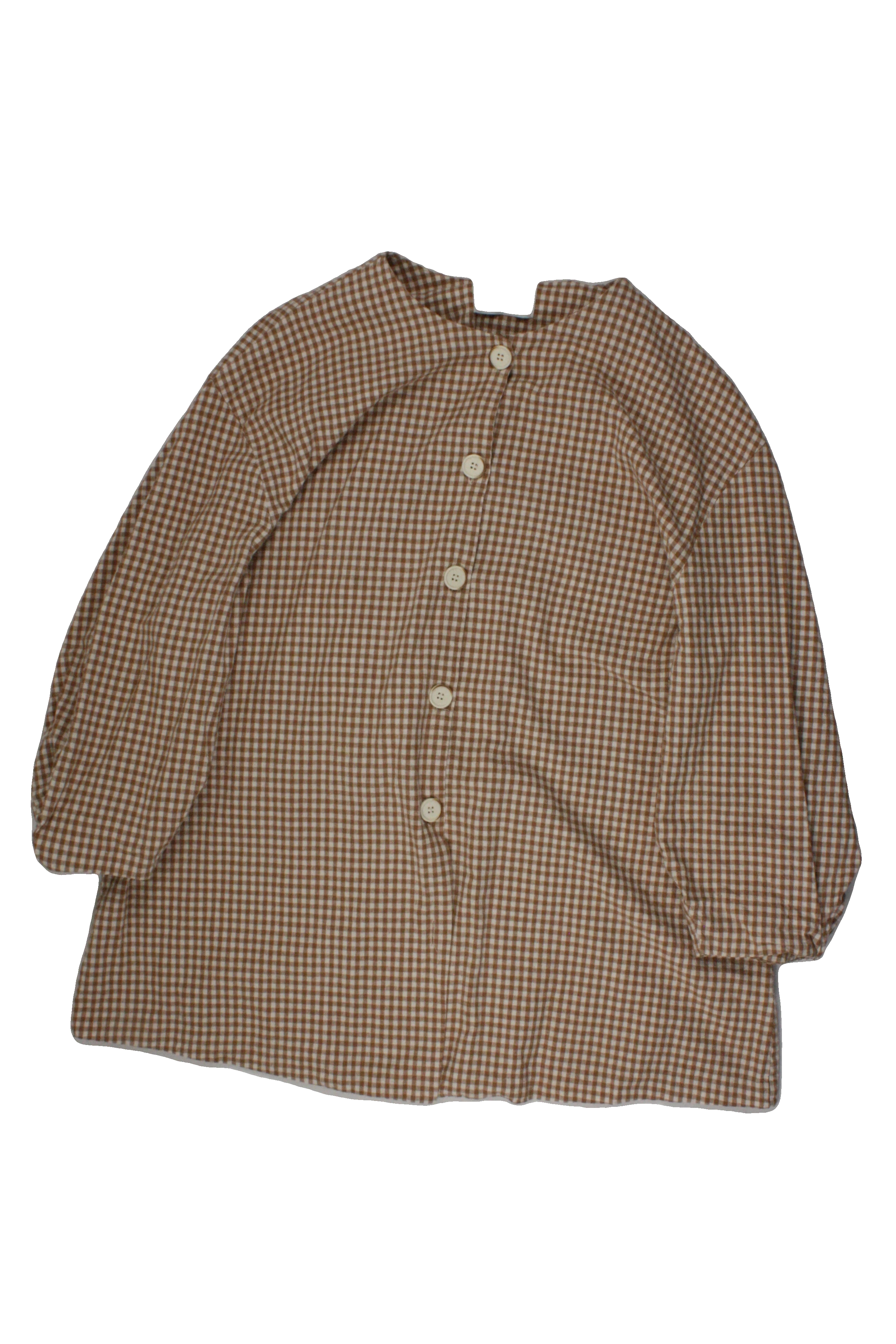 The Barn Women's White/Brown Puff Sleeve 3/4 Sleeve Round Neck Jacket with Cotton, Button Front, Gingham