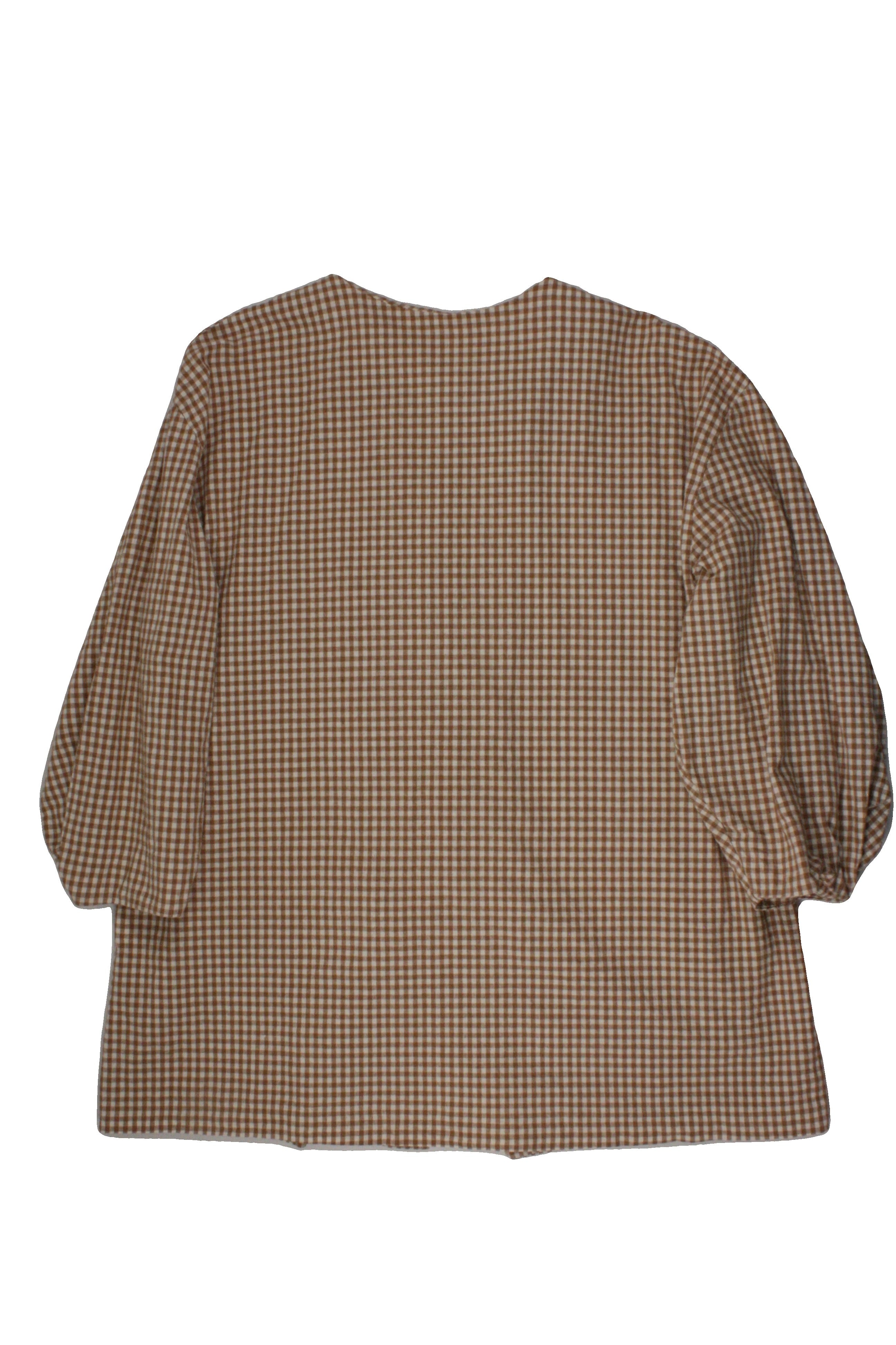 The Barn Women's White/Brown Puff Sleeve 3/4 Sleeve Round Neck Jacket with Cotton, Button Front, Gingham