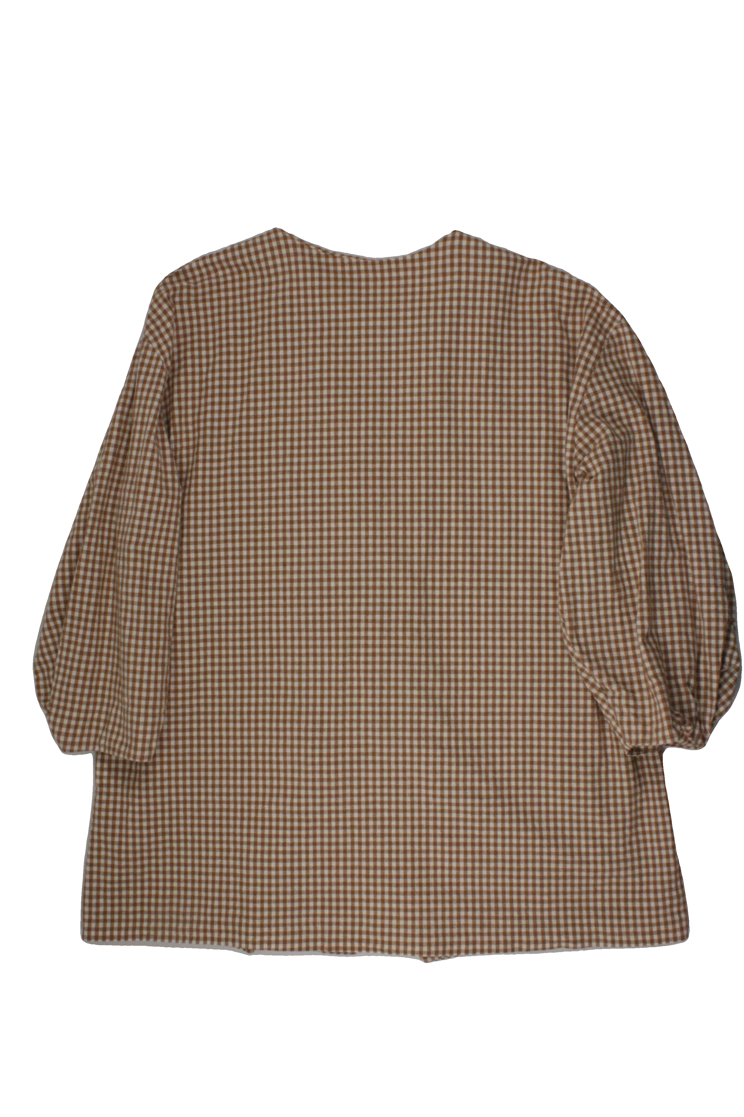 The Barn Women's White/Brown Puff Sleeve 3/4 Sleeve Round Neck Jacket with Cotton, Button Front, Gingham