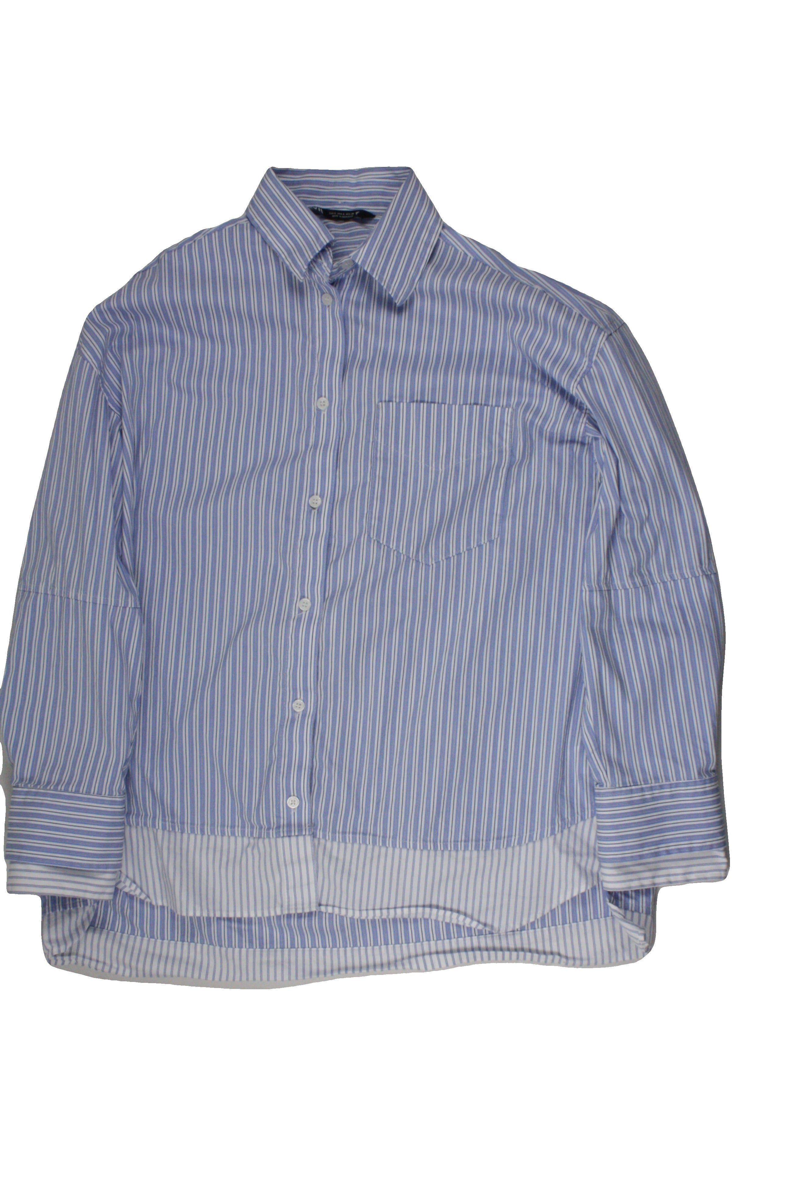 Zara Women's White/Blue Long Sleeve Shirt with 1 Pocket, Faux Double Layer, Double Layer – Size S