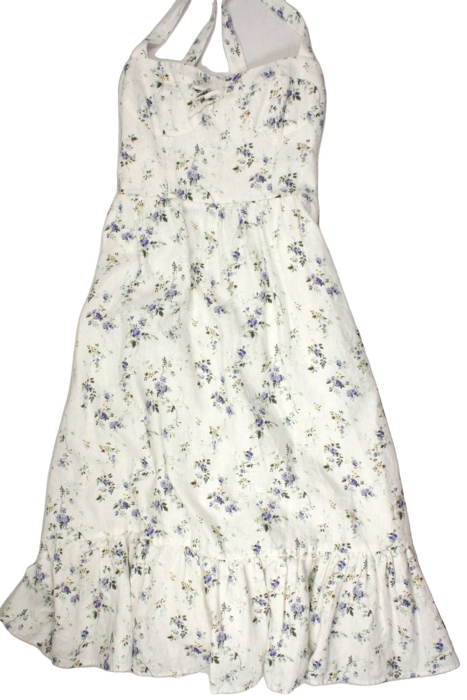 Reformation Designer Women's White/Light Green/Purple/Yellow Bustier Sleeveless Dress with Linen, Neck Bow, Midi, Flower Pattern – Size 2