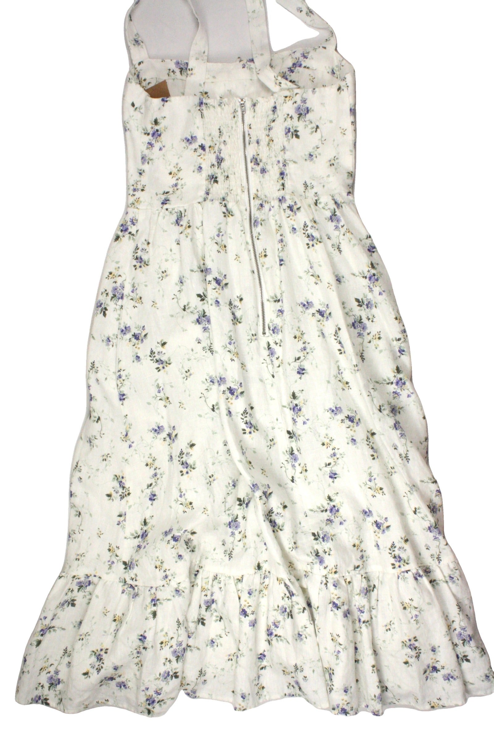Reformation Designer Women's White/Light Green/Purple/Yellow Bustier Sleeveless Dress with Linen, Neck Bow, Midi, Flower Pattern – Size 2