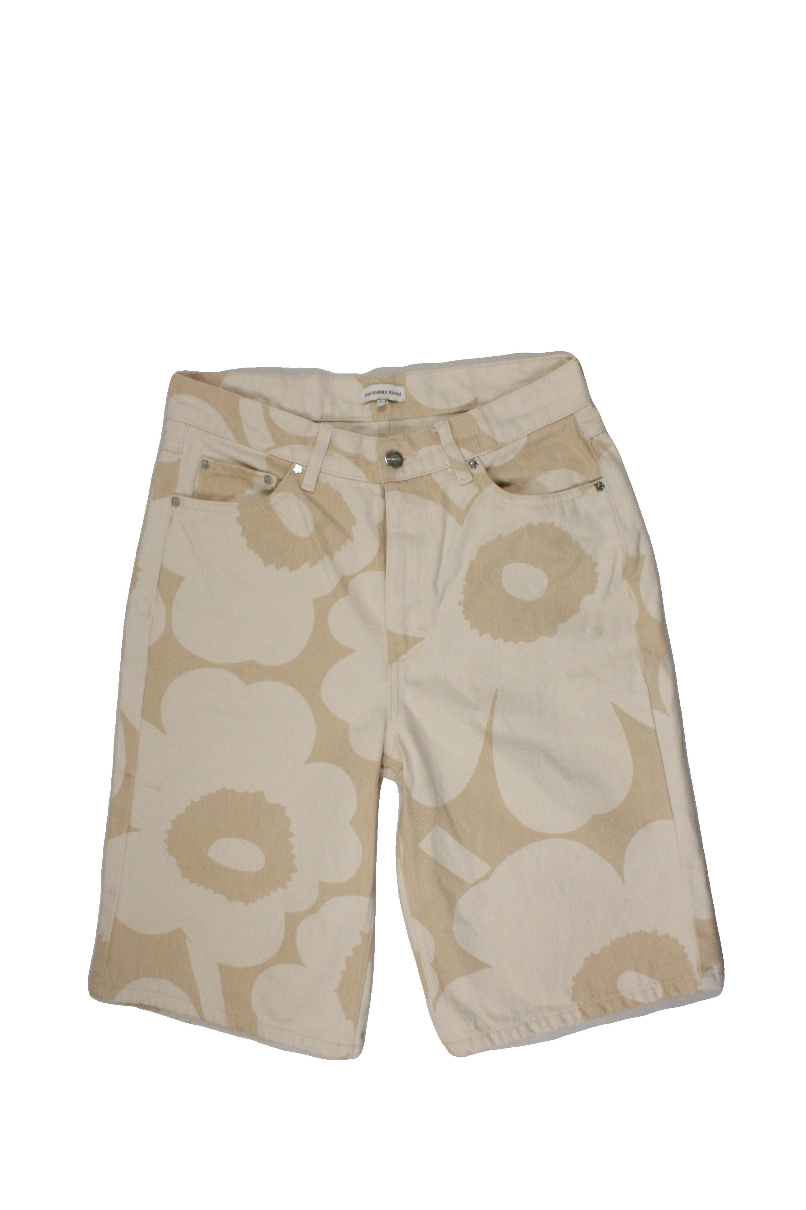 Marimekko Kioski Designer Women's Beige/Tan Shorts with Zip Fly, High-Waist, Flower Pattern, Silver Hardware – Size W29