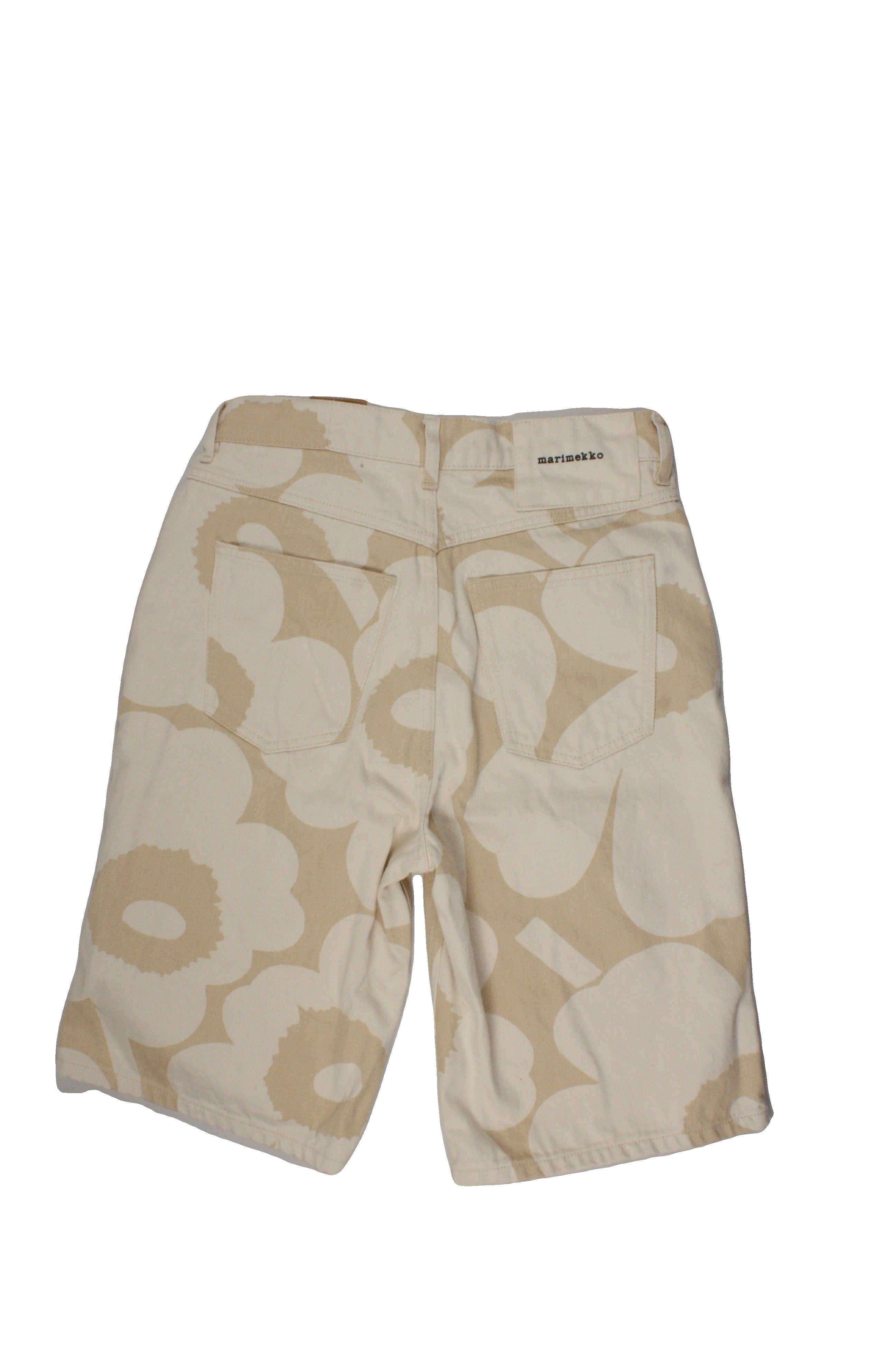 Marimekko Kioski Designer Women's Beige/Tan Shorts with Zip Fly, High-Waist, Flower Pattern, Silver Hardware – Size W29