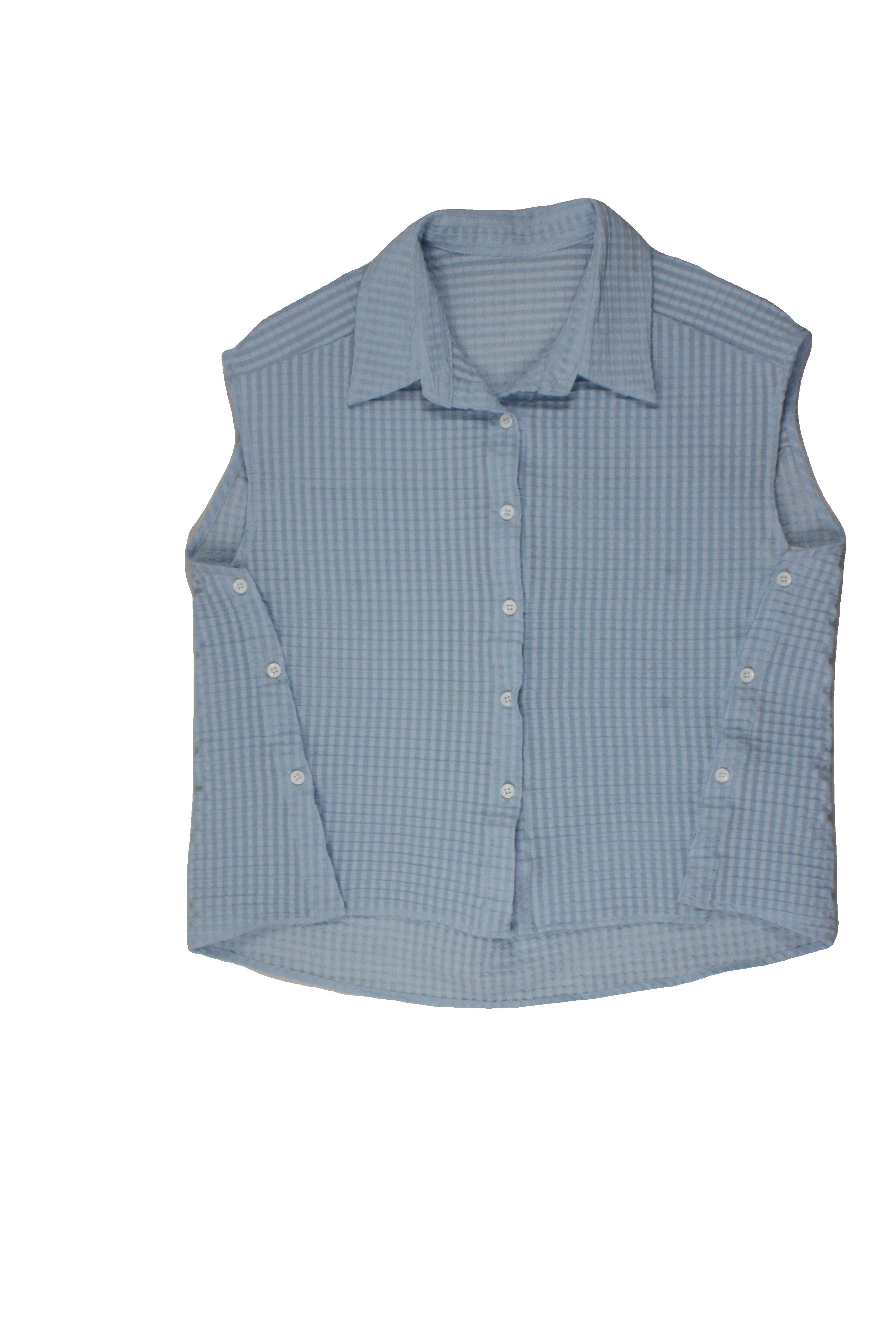 No Brand Women's Light Blue Boxy Sleeveless Shirt with Side Buttons, Buttons, Pleats, Pleated Texture