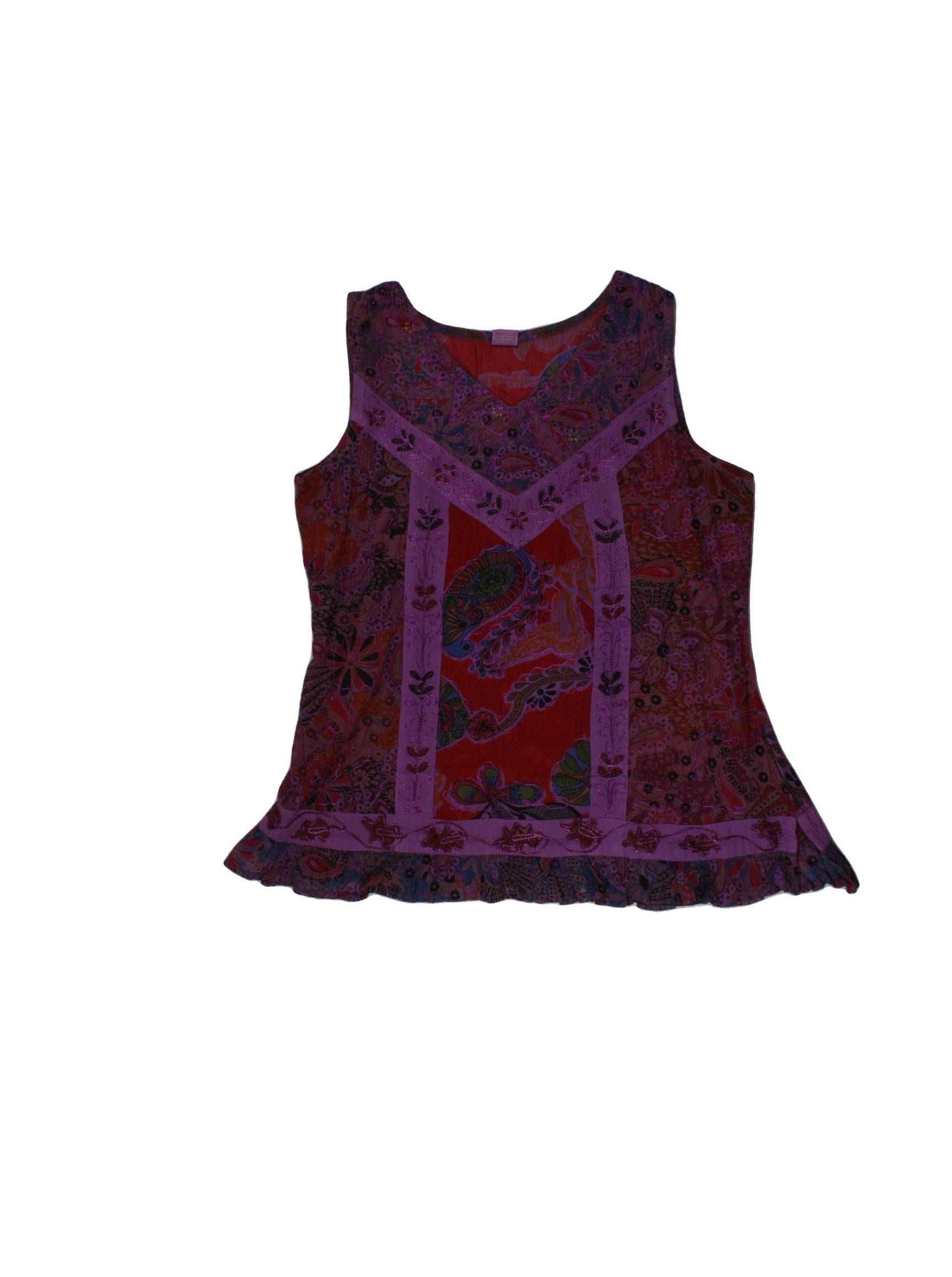 No Brand Women's Purple/Red/Pink Sleeveless V-Neck Top with Cotton, Patchwork, Floral Pattern, Floral Embroidery