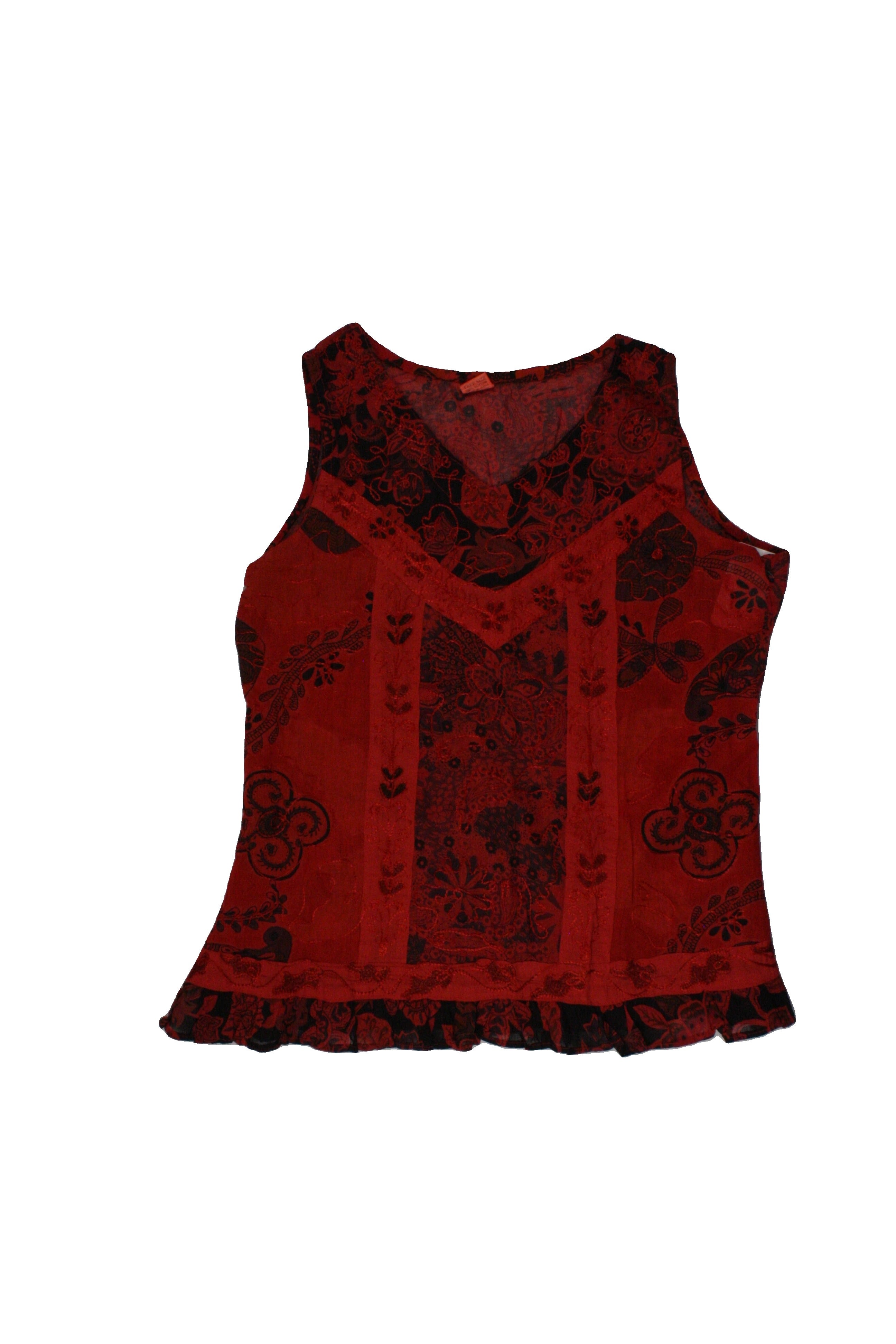 No Brand Women's Red/Black Sleeveless V-Neck Top with Cotton, Patchwork, Floral Pattern, Floral Embroidery