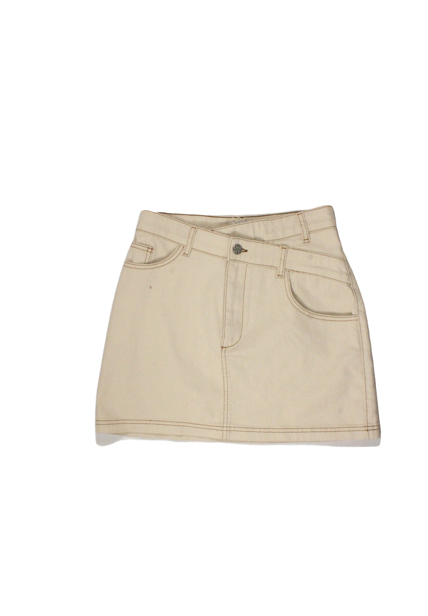 Baum Und Pferdgarten Designer Women's Taupe Skirt with Denim, 5 Pockets, Asymmetric Waist, Mini