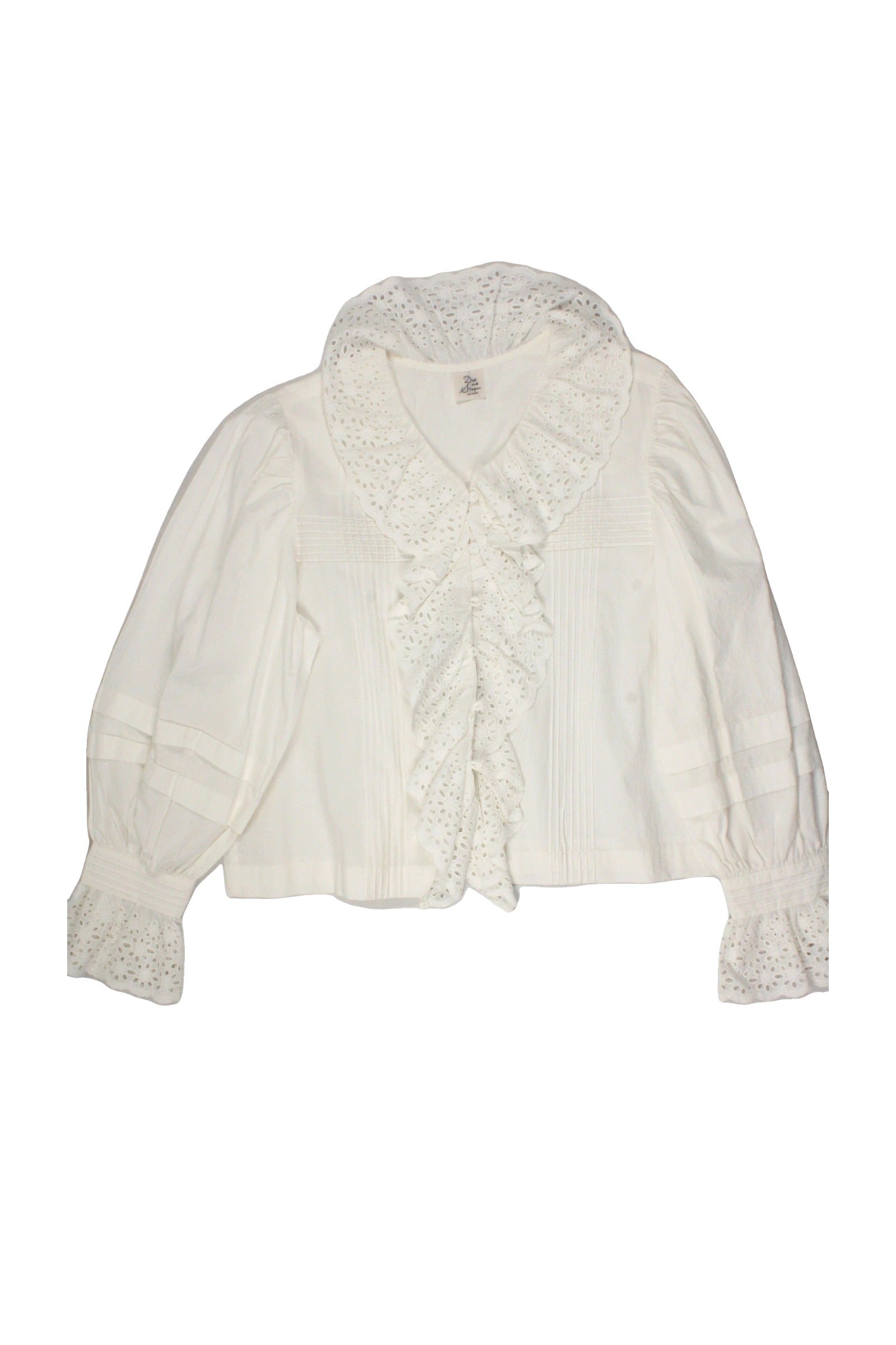 Dot And Stripes Women's White Puff Sleeve Long Sleeve Top with Eyelet Collar Trim, Pintucks, Collar