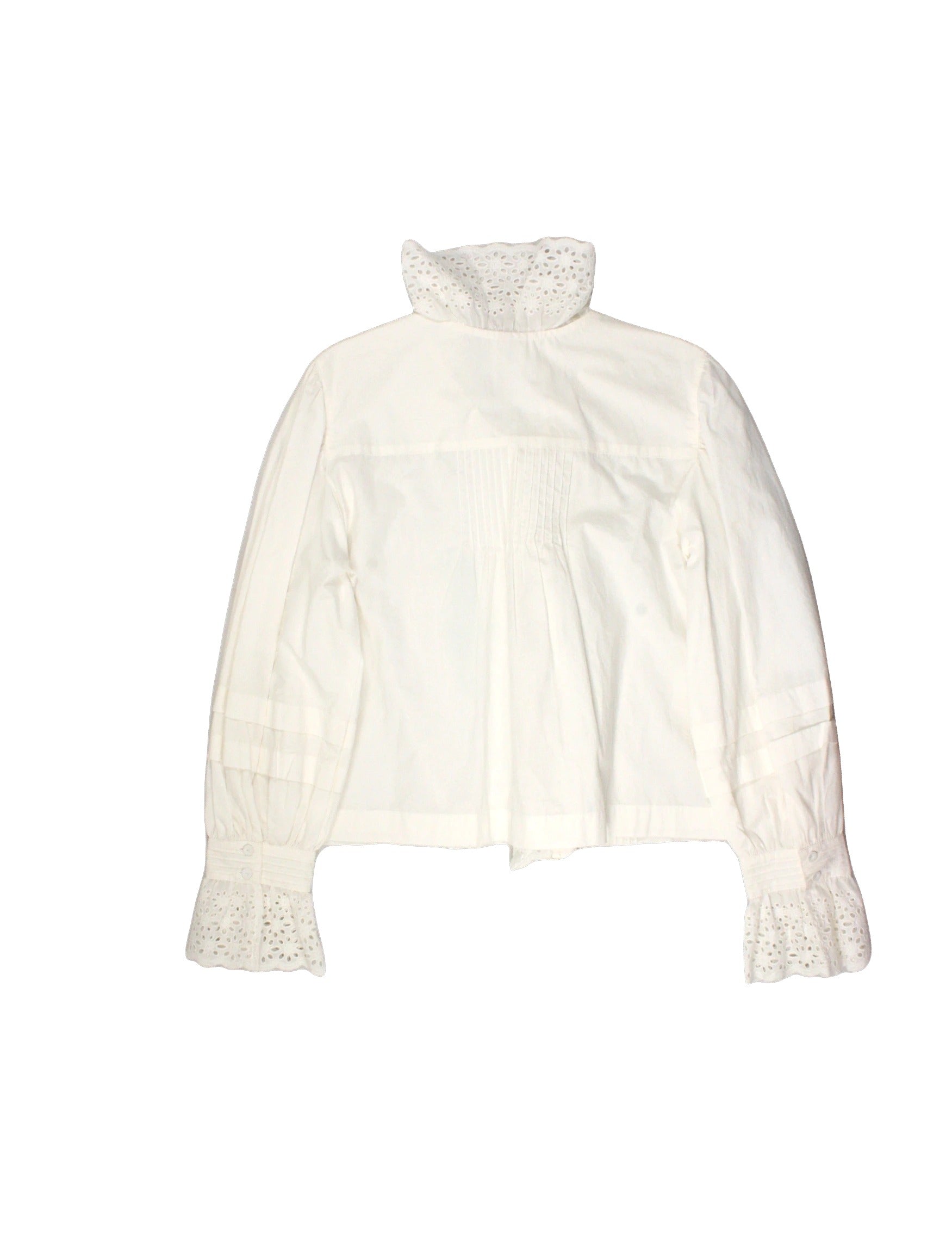 Dot And Stripes Women's White Puff Sleeve Long Sleeve Top with Eyelet Collar Trim, Pintucks, Collar