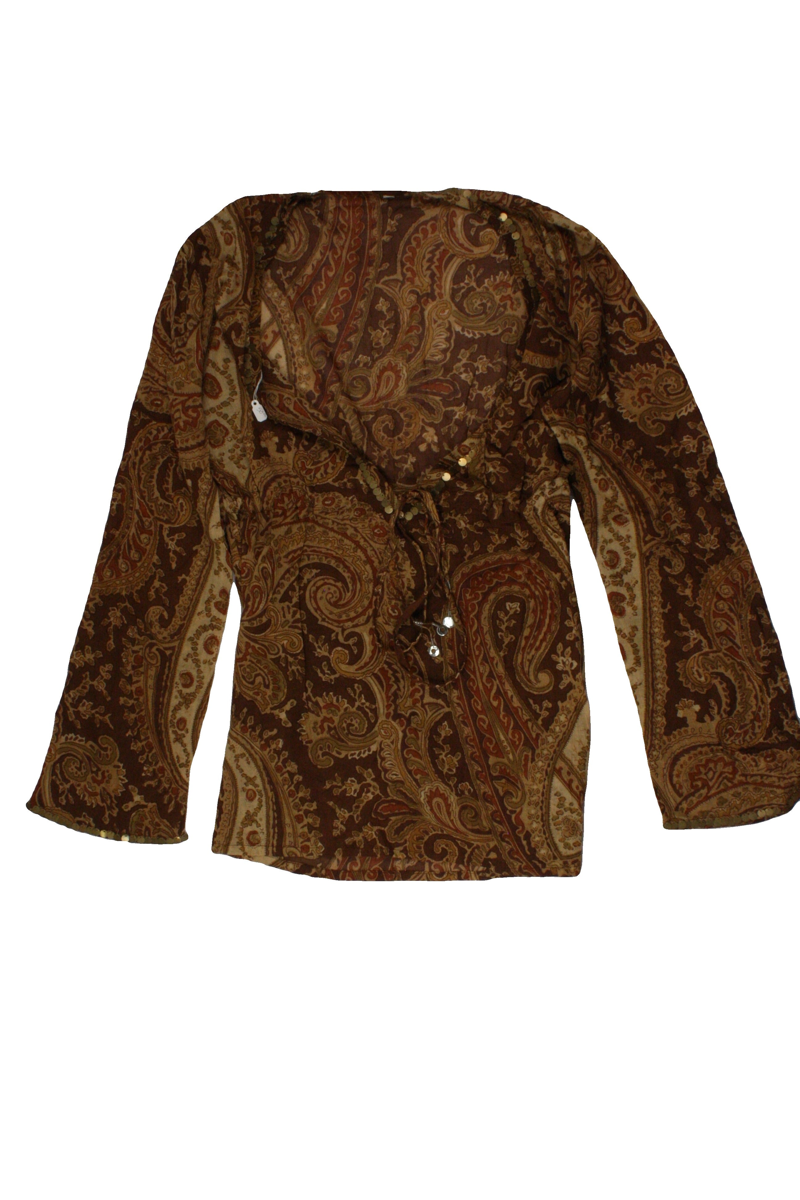 Nora Women's Brown/Tan/Camel Long Sleeve Top with Cotton, Paisley Pattern, Gold Hardware, Beads