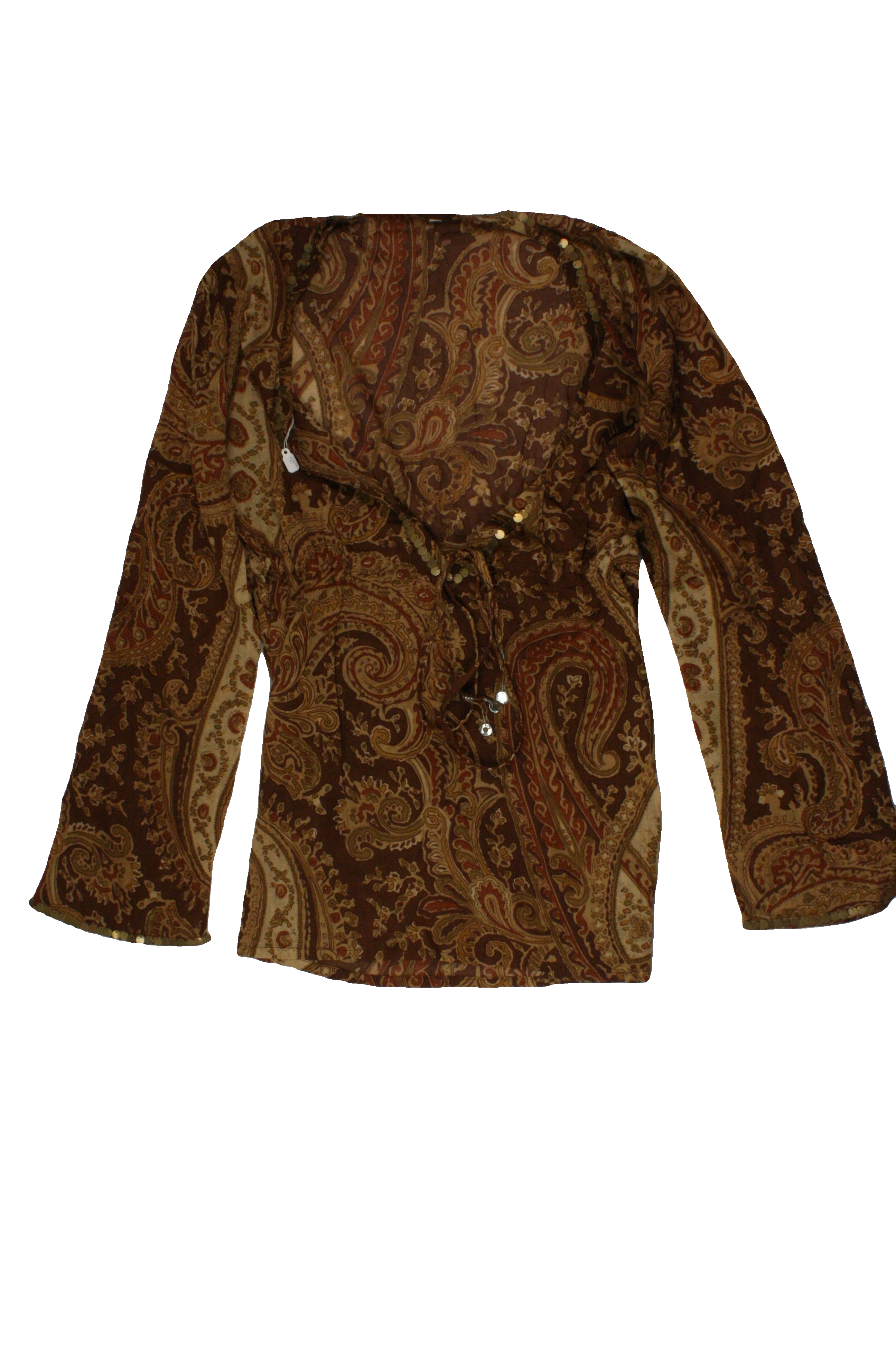 Nora Women's Brown/Tan/Camel Long Sleeve Top with Cotton, Paisley Pattern, Gold Hardware, Beads