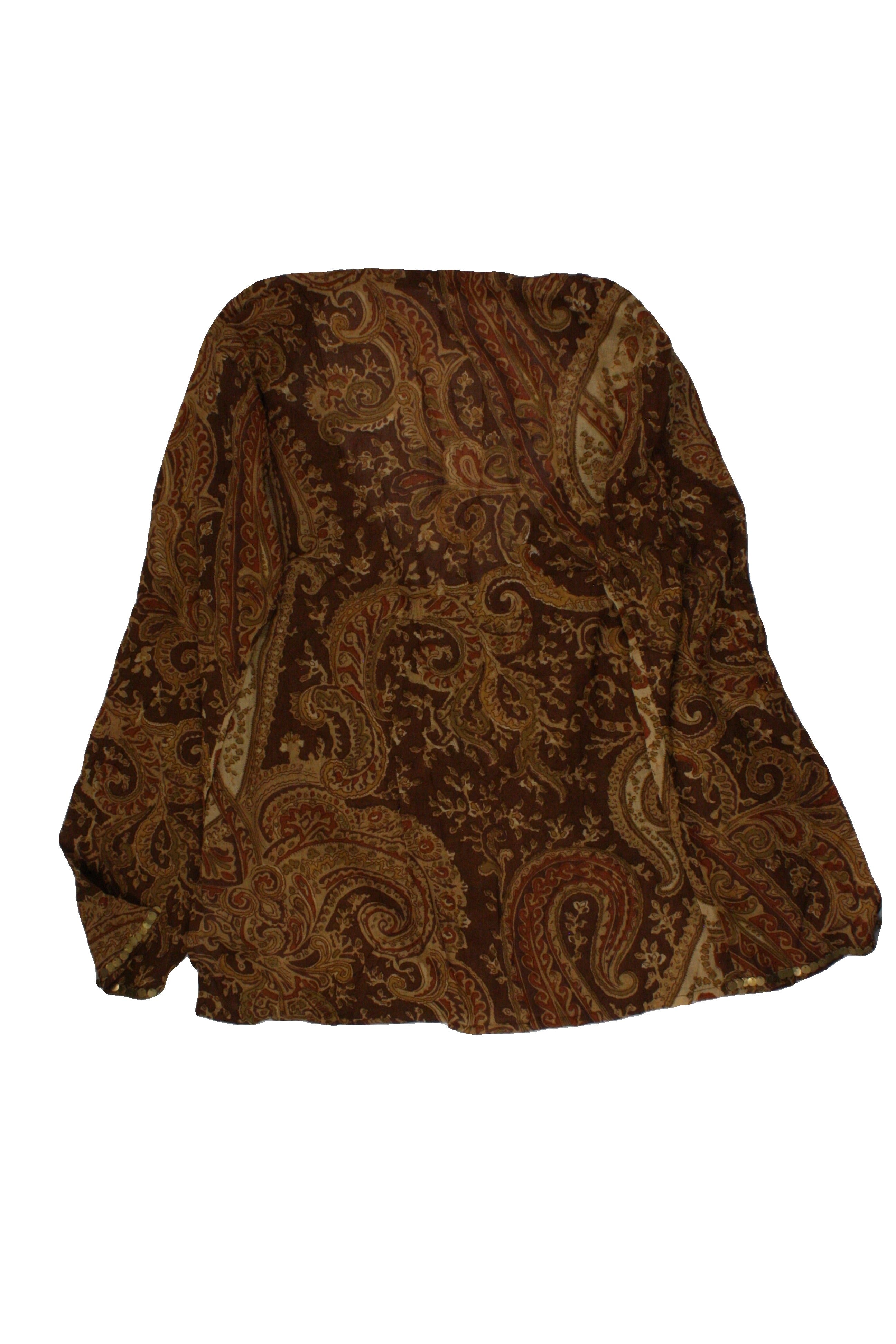 Nora Women's Brown/Tan/Camel Long Sleeve Top with Cotton, Paisley Pattern, Gold Hardware, Beads