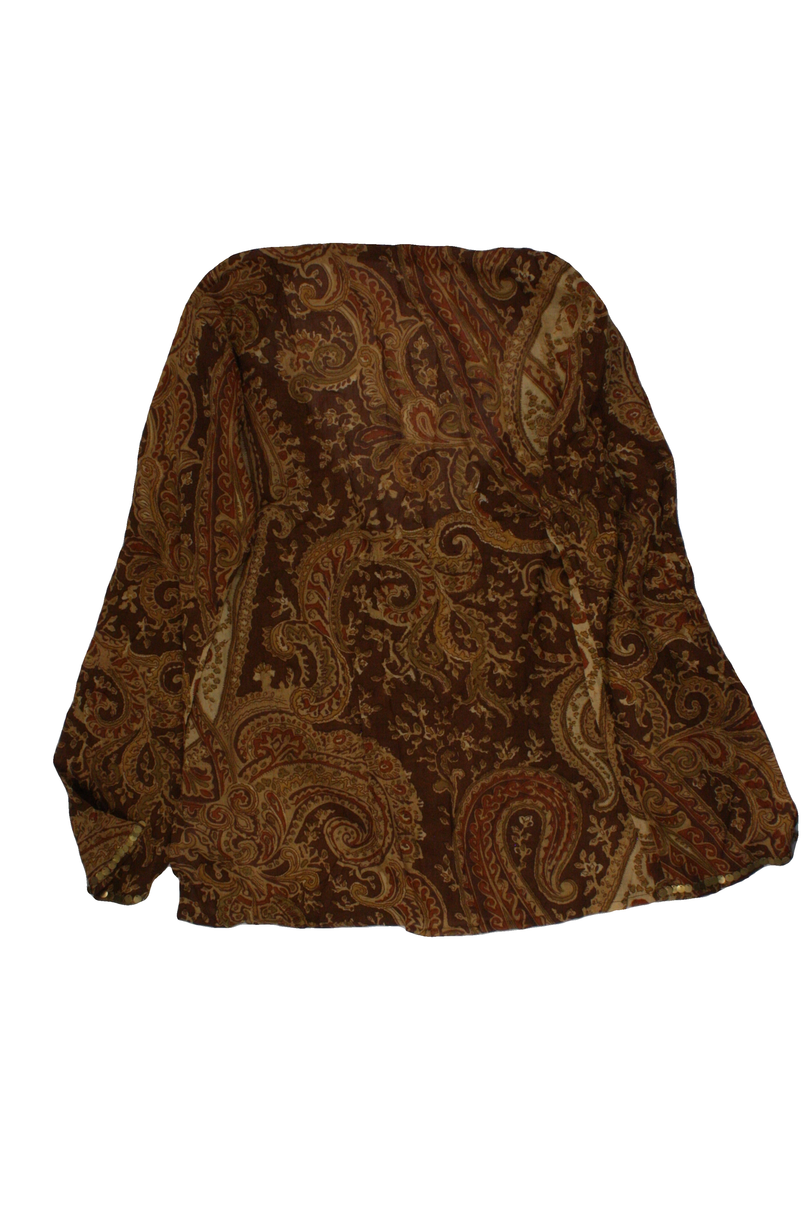 Nora Women's Brown/Tan/Camel Long Sleeve Top with Cotton, Paisley Pattern, Gold Hardware, Beads