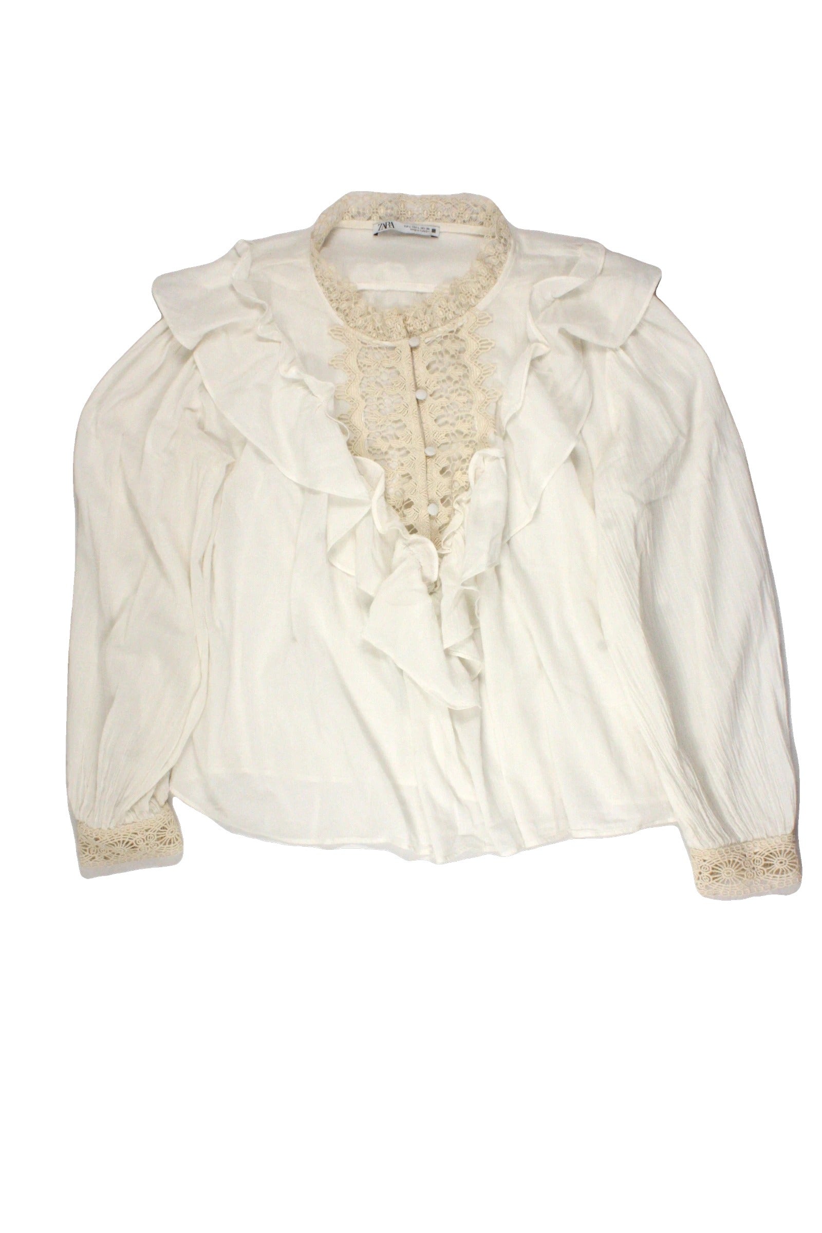 Zara Women's Cream Long Sleeve Top with Buttons, Chest Crochet, Crochet, Ruffles – Size L