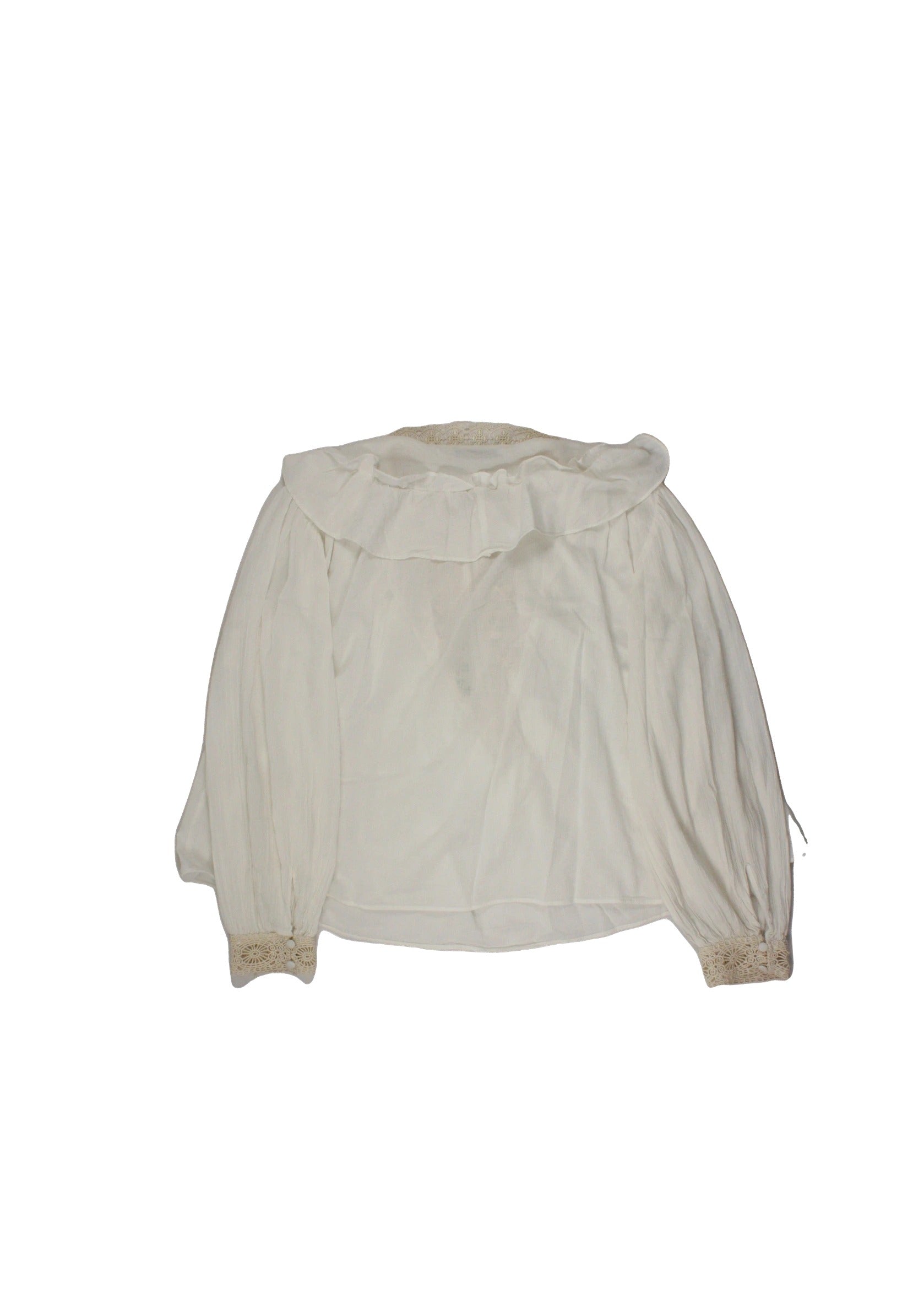 Zara Women's Cream Long Sleeve Top with Buttons, Chest Crochet, Crochet, Ruffles – Size L
