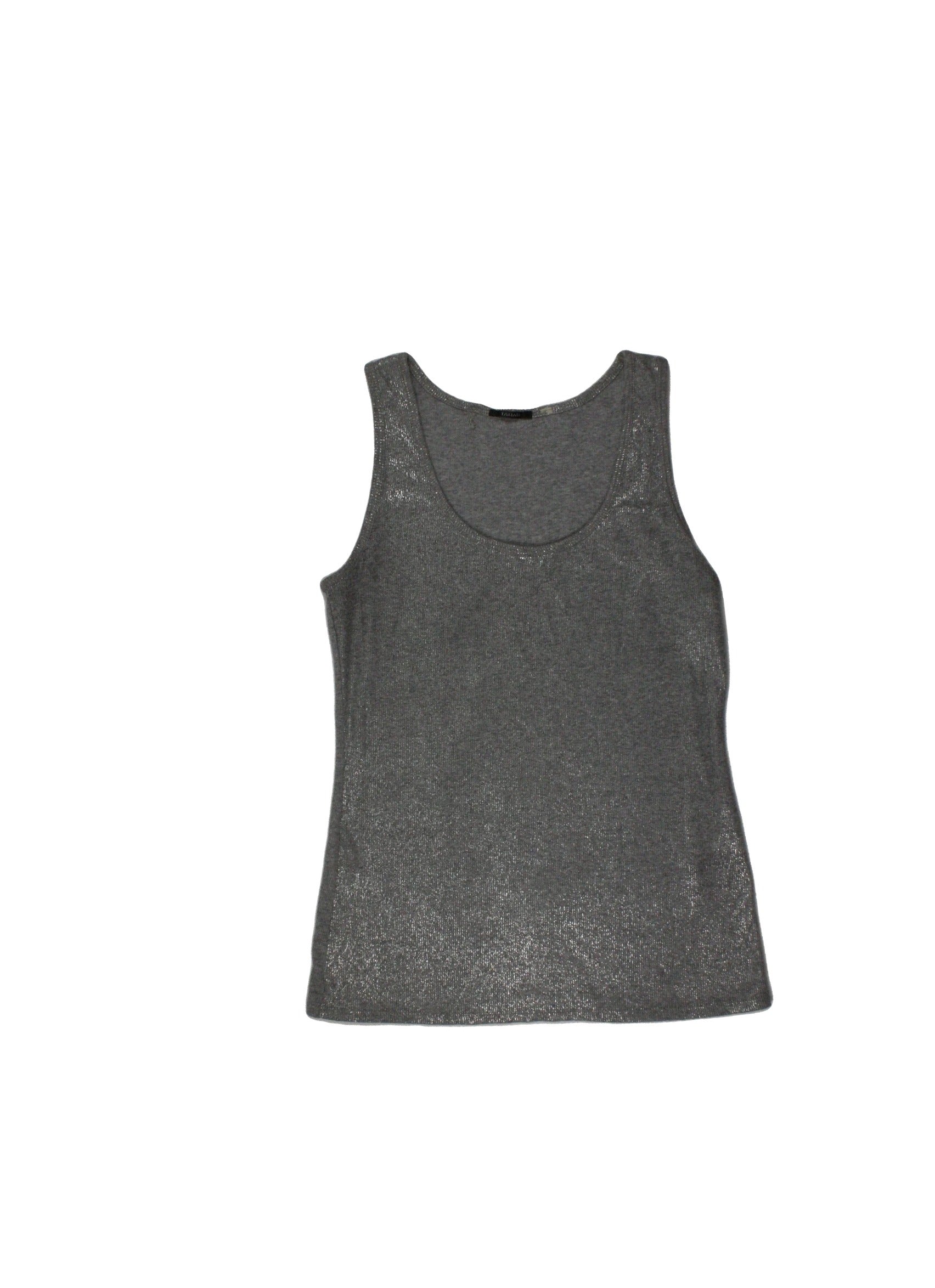 Tahari Women's Gray Sleeveless Scoop Neck Top with Rib Knit, Sheen, Metallic Sheen