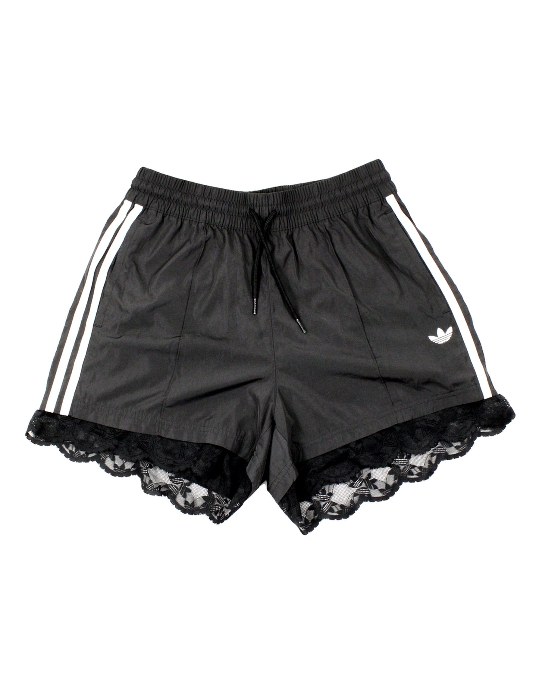 Adidas Women's Black/White Shorts with Side Stripes, Drawstring Waist, Lace Trim – Size W26