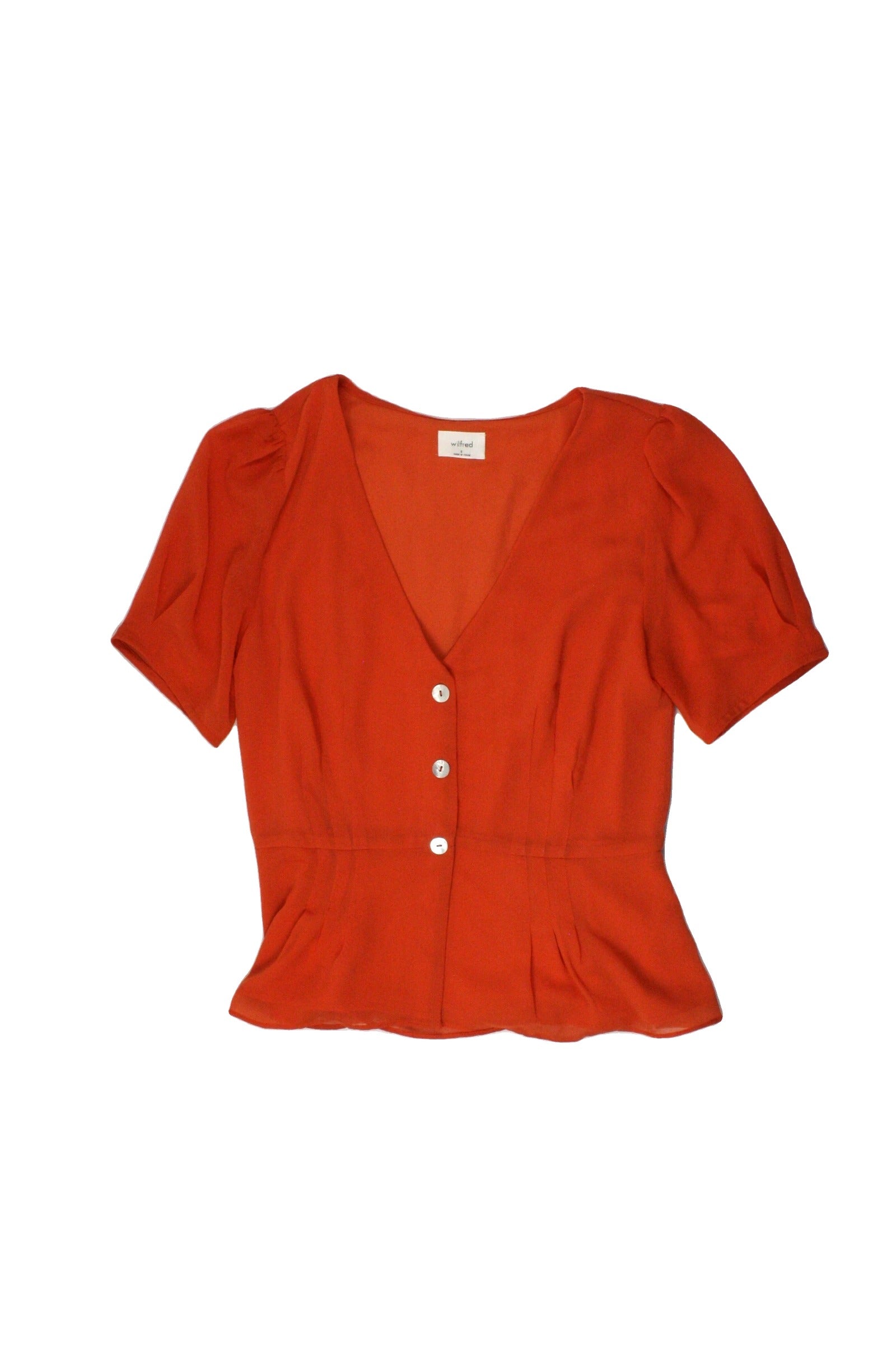Wilfred Women's Orange Short Sleeve V-Neck Top with Buttons, Shell Buttons, Pleats, Front Pleats – Size S