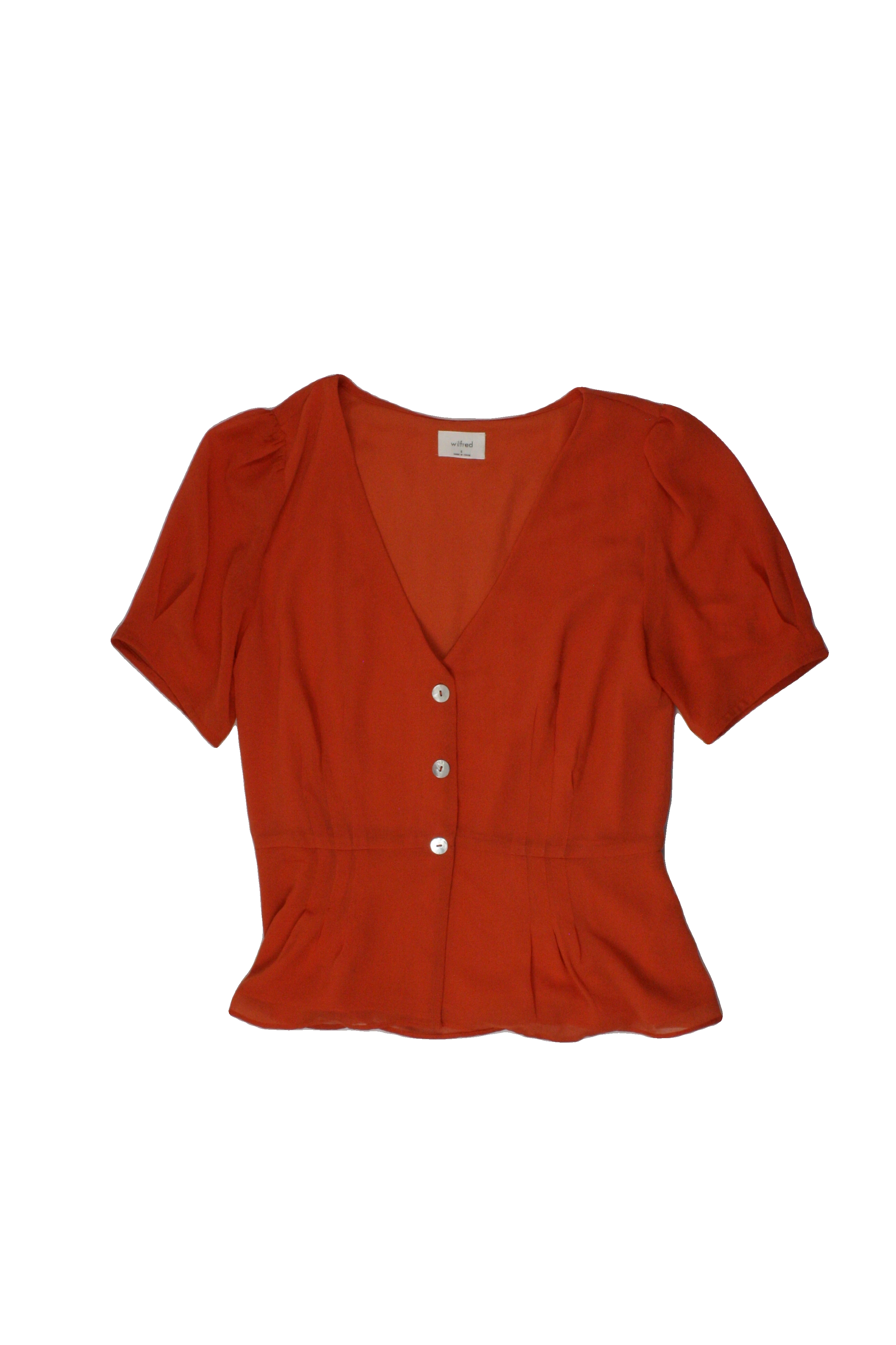 Wilfred Women's Orange Short Sleeve V-Neck Top with Buttons, Shell Buttons, Pleats, Front Pleats – Size S