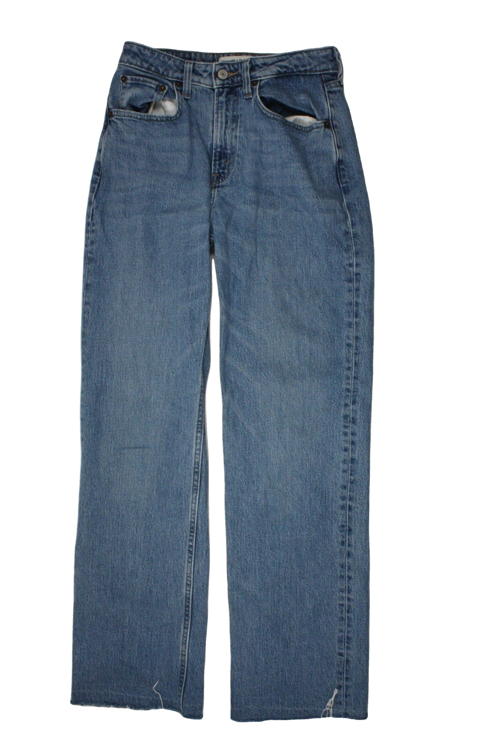 Abercrombie & Fitch Women's Blue/Medium Wash Jeans with High-Rise, Straight, Frayed Hem, 90s Style – Size W26