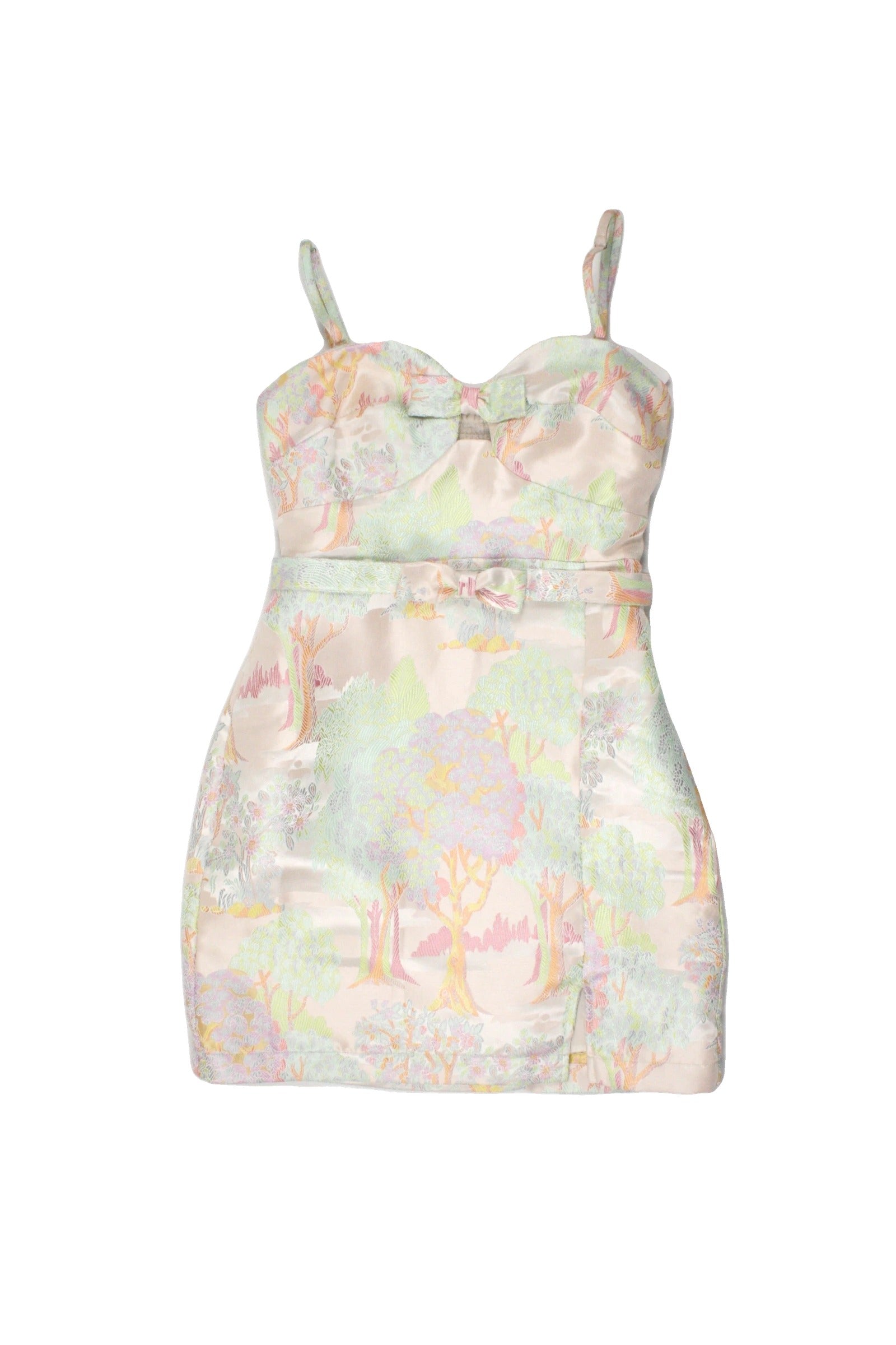 Maeve Anthropologie Women's Peach/Green/Orange/Pink/Purple Bustier Sleeveless Dress with Waist and Chest Bow, Mini, Tree Embroidery – Size 0
