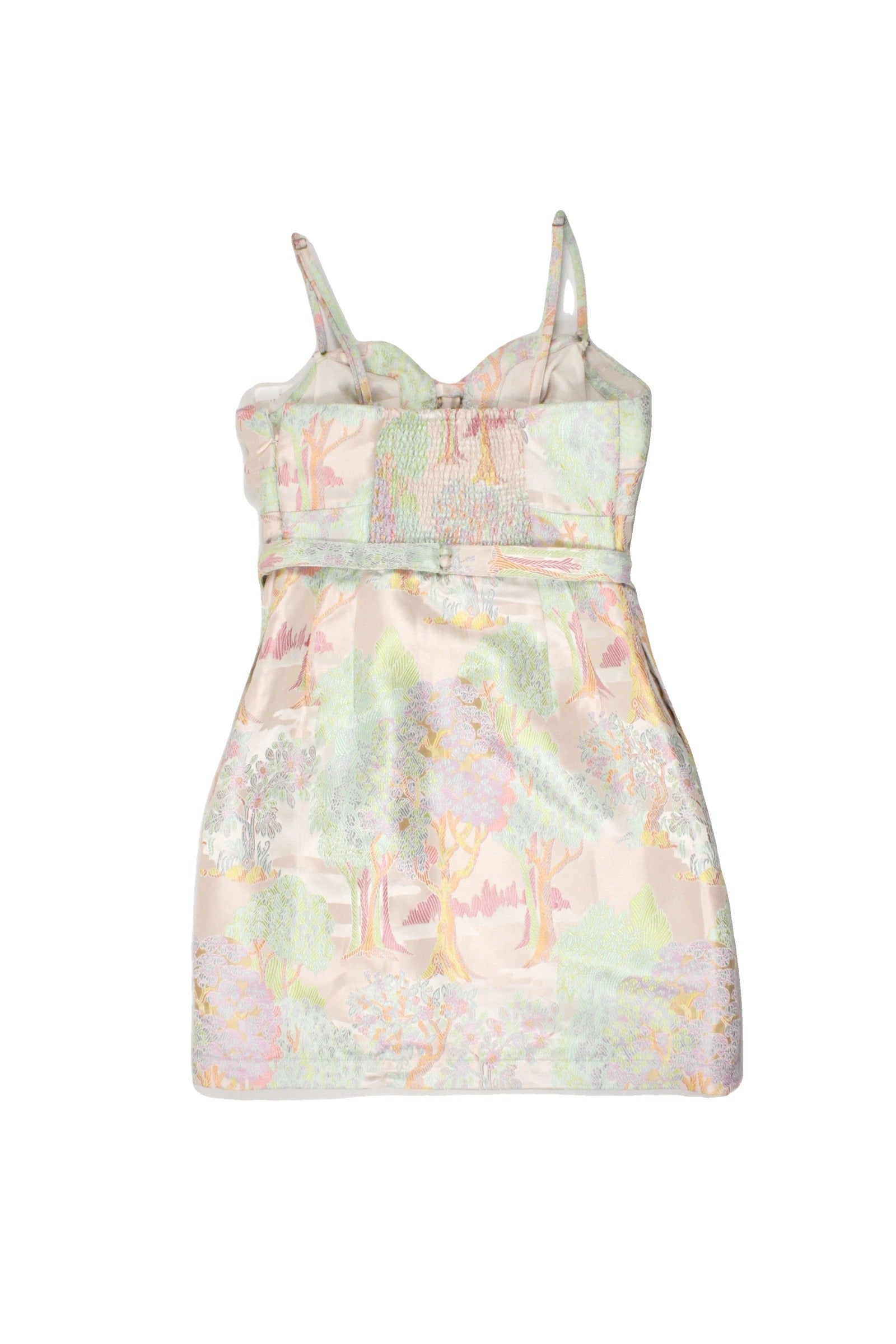 Maeve Anthropologie Women's Peach/Green/Orange/Pink/Purple Bustier Sleeveless Dress with Waist and Chest Bow, Mini, Tree Embroidery – Size 0