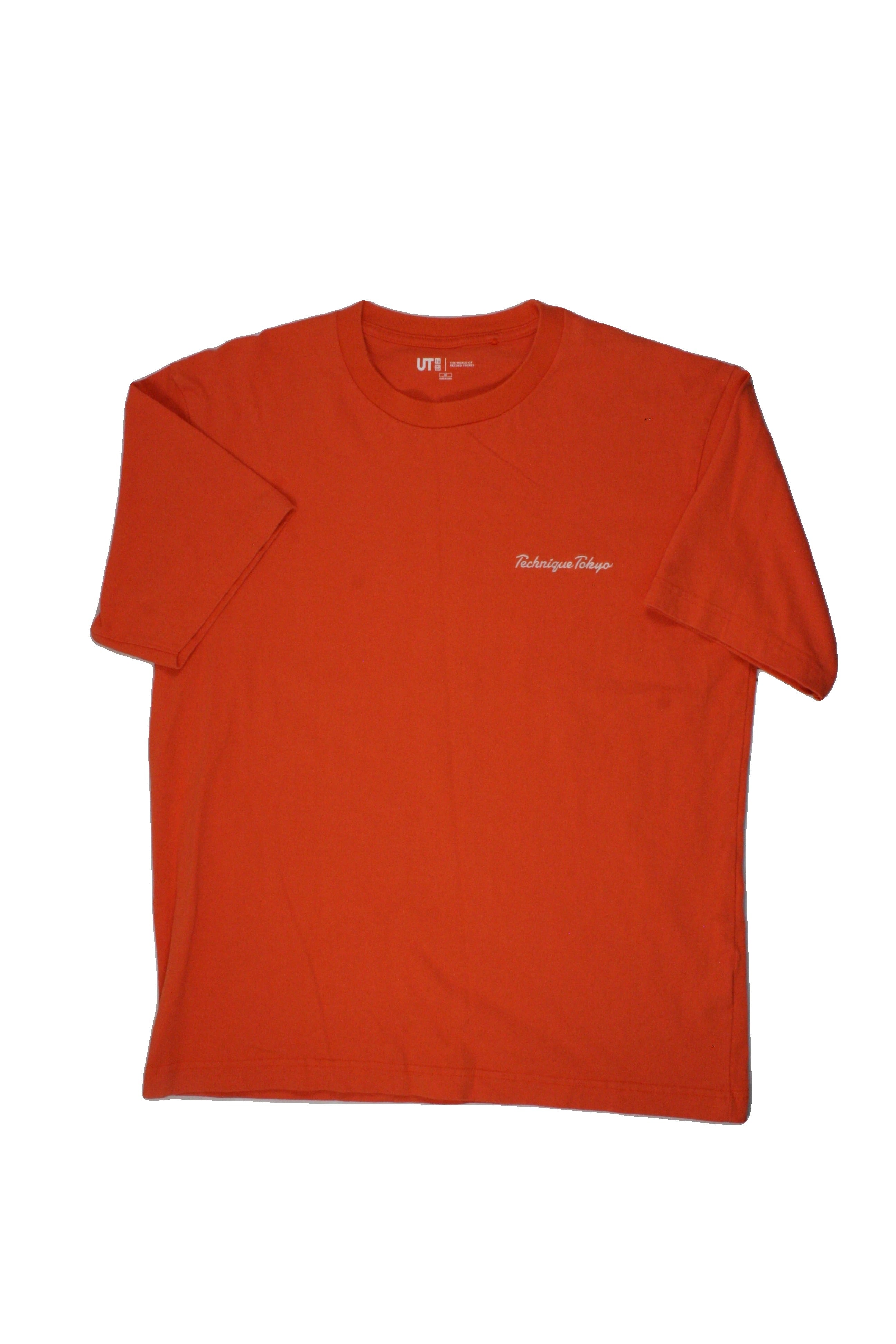 Uniqlo Men's Orange/White Short Sleeve Round Neck Top with Ribbed Trim, "TechTokyo" Graphic, Tech Tokyo Embroidery – Size M
