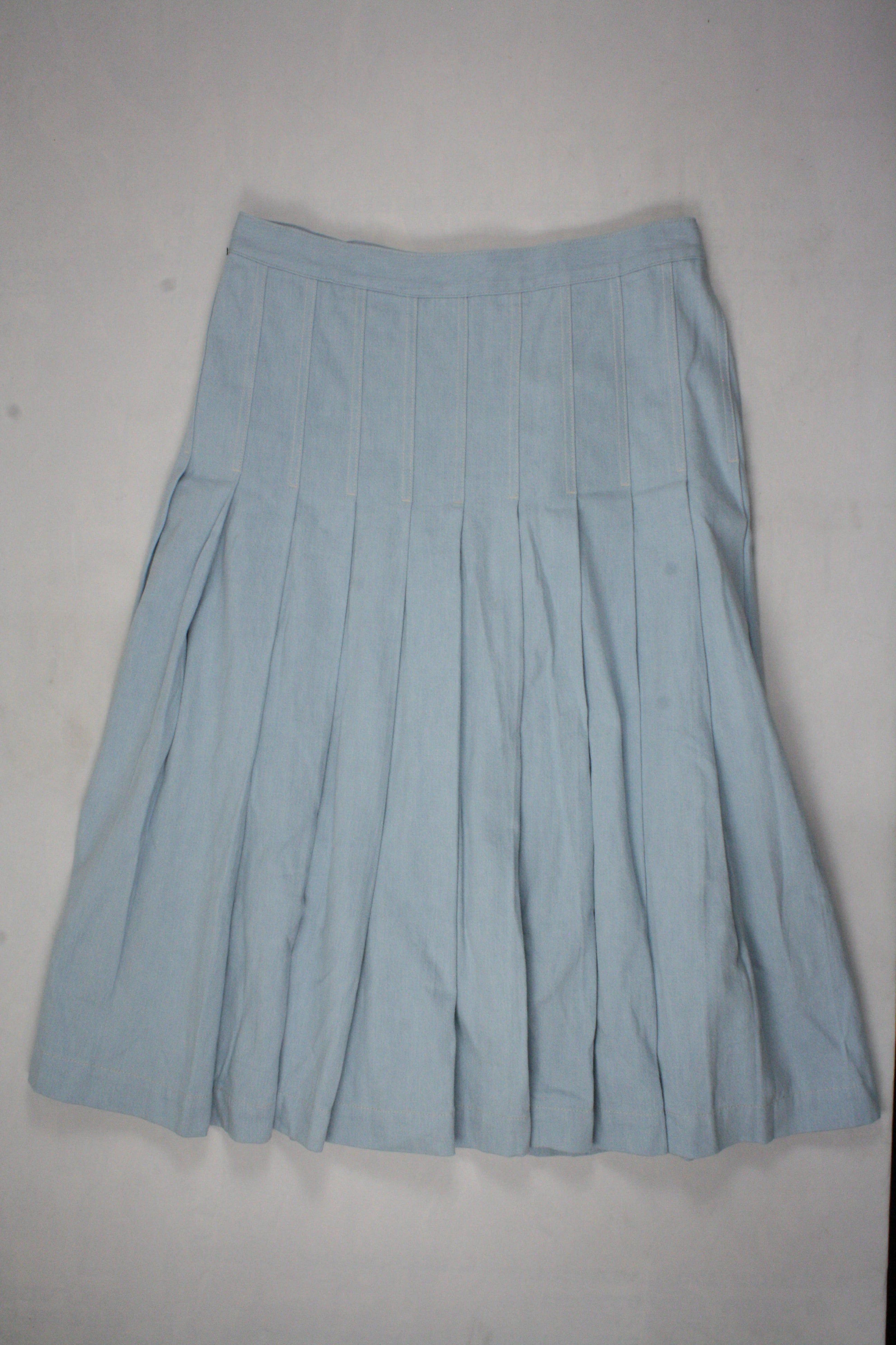 Babaton Women's Light Blue/Light Wash Skirt with Chambray, Midi, Flared, Pleats – Size W32