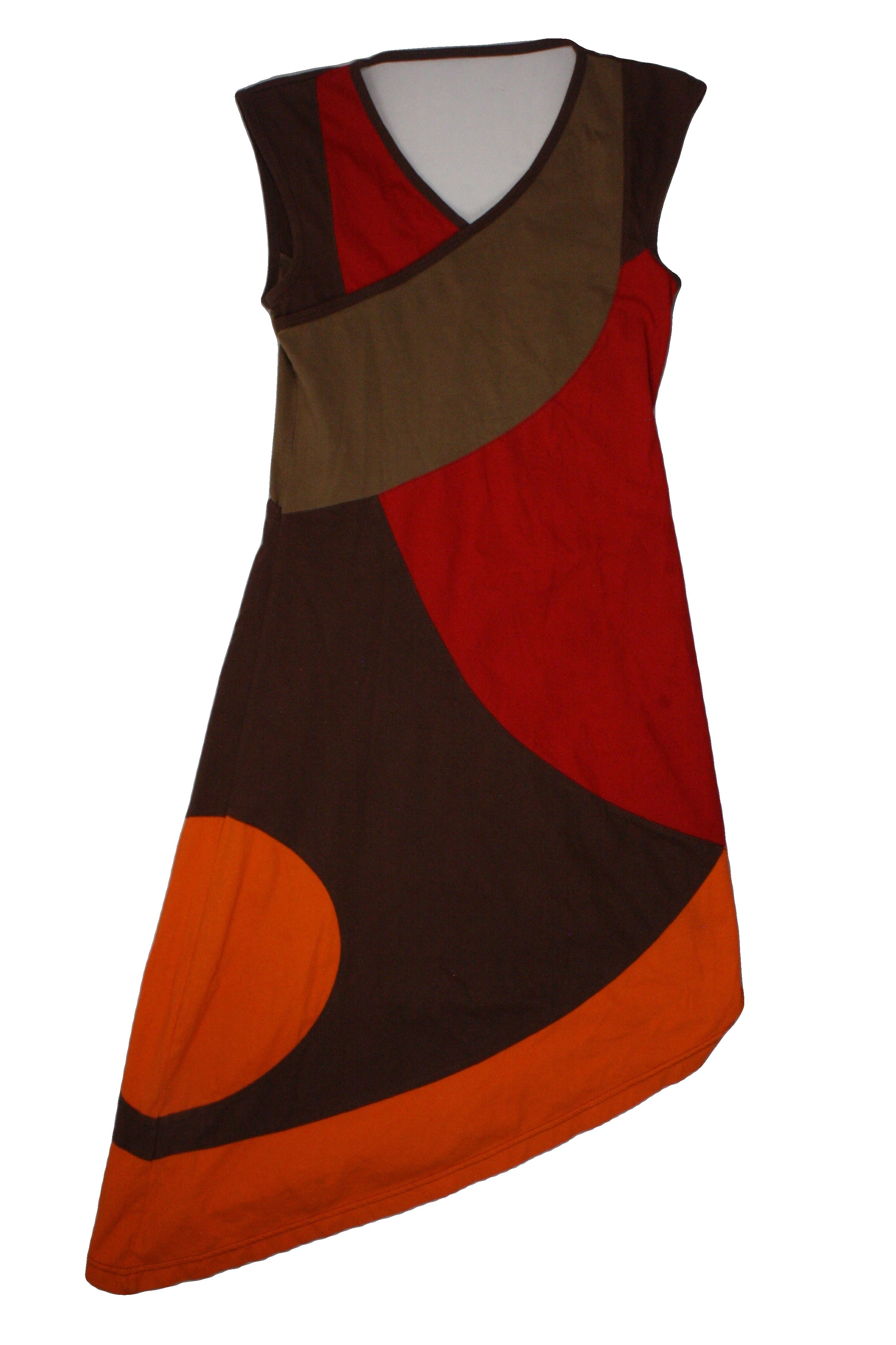 Pygmees Women's Orange/Brown/Red Sleeveless V-Neck Dress with Panels, Midi, Asymmetric Hem