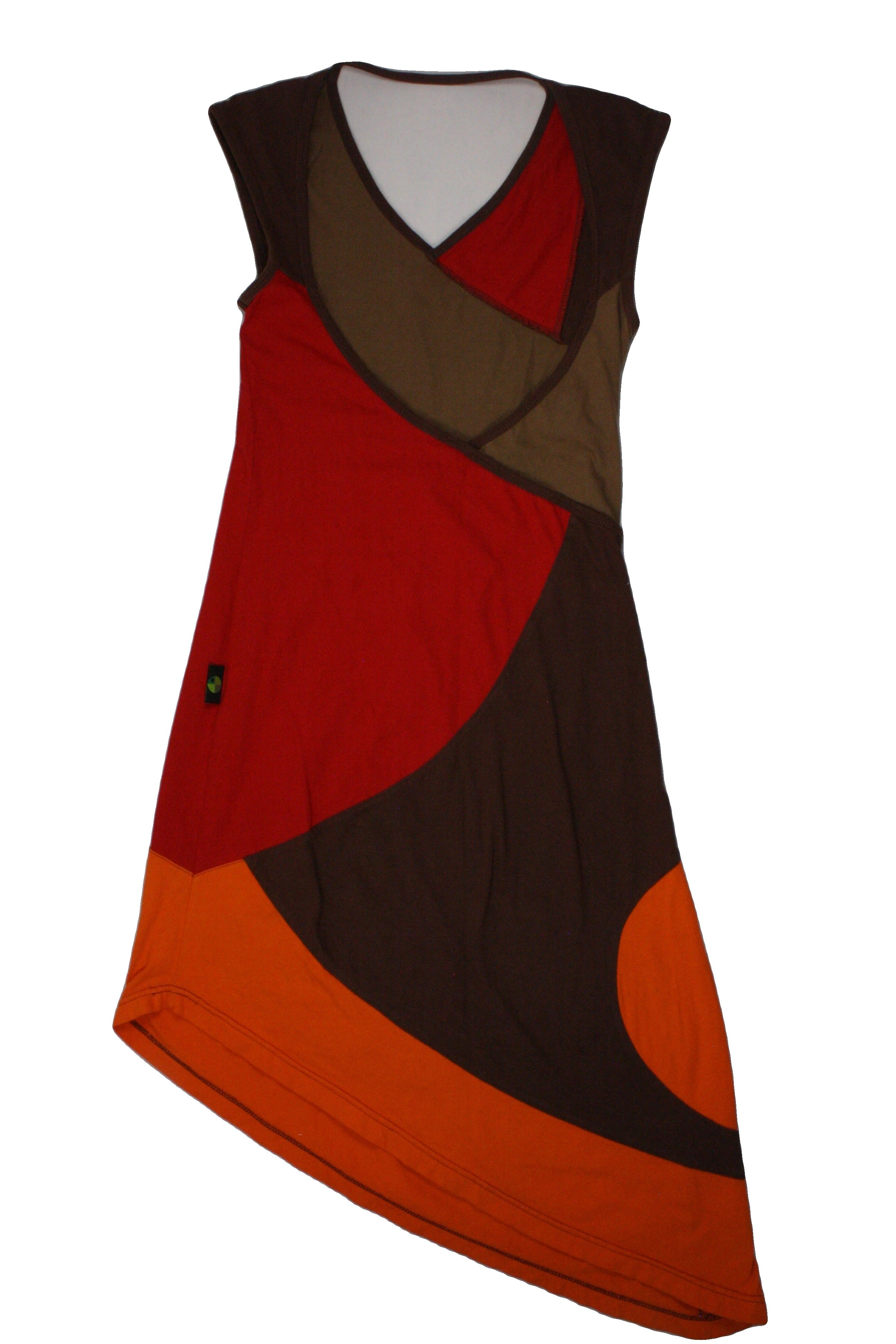 Pygmees Women's Orange/Brown/Red Sleeveless V-Neck Dress with Panels, Midi, Asymmetric Hem