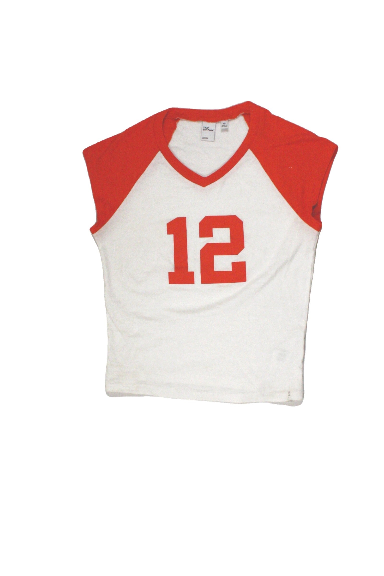Aritzia TNA Women's White/Red Raglan Short Sleeve V-Neck Top with "12" Graphic – Size XS