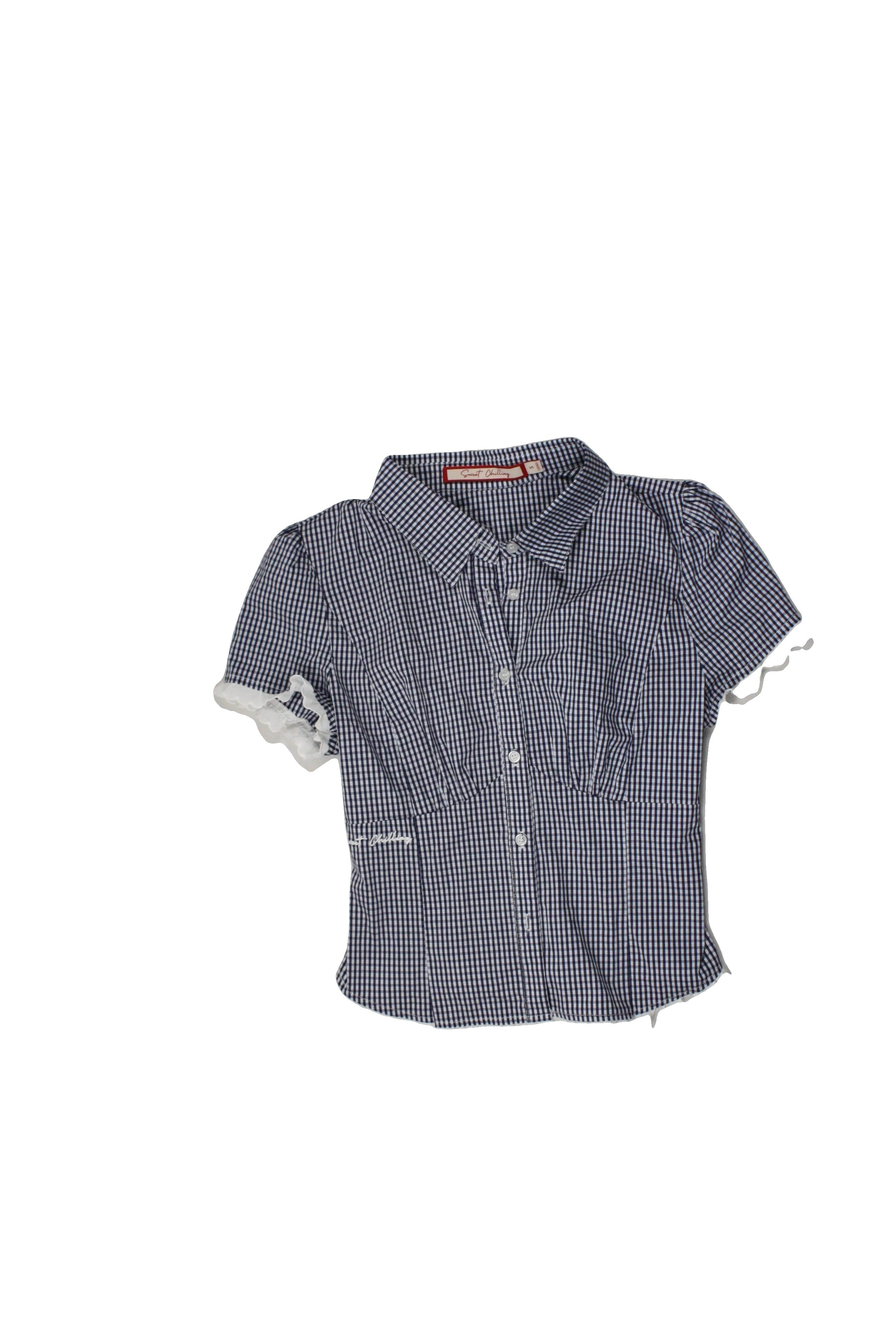 Sweet Chilling Women's Navy/White Short Sleeve Shirt with Contrast Letter Trim, Check, Bust Gathers, Gathers – Size S