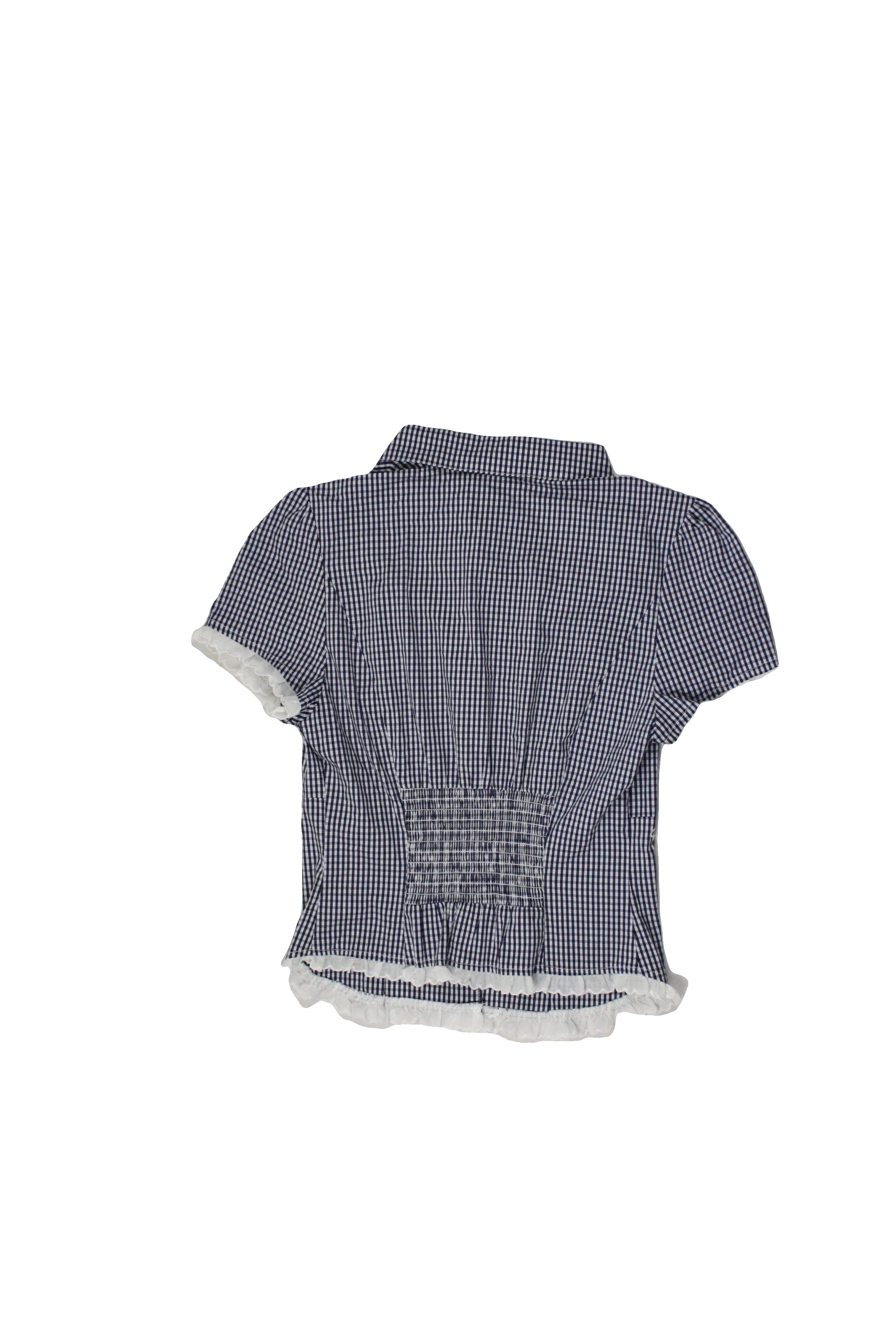Sweet Chilling Women's Navy/White Short Sleeve Shirt with Contrast Letter Trim, Check, Bust Gathers, Gathers – Size S