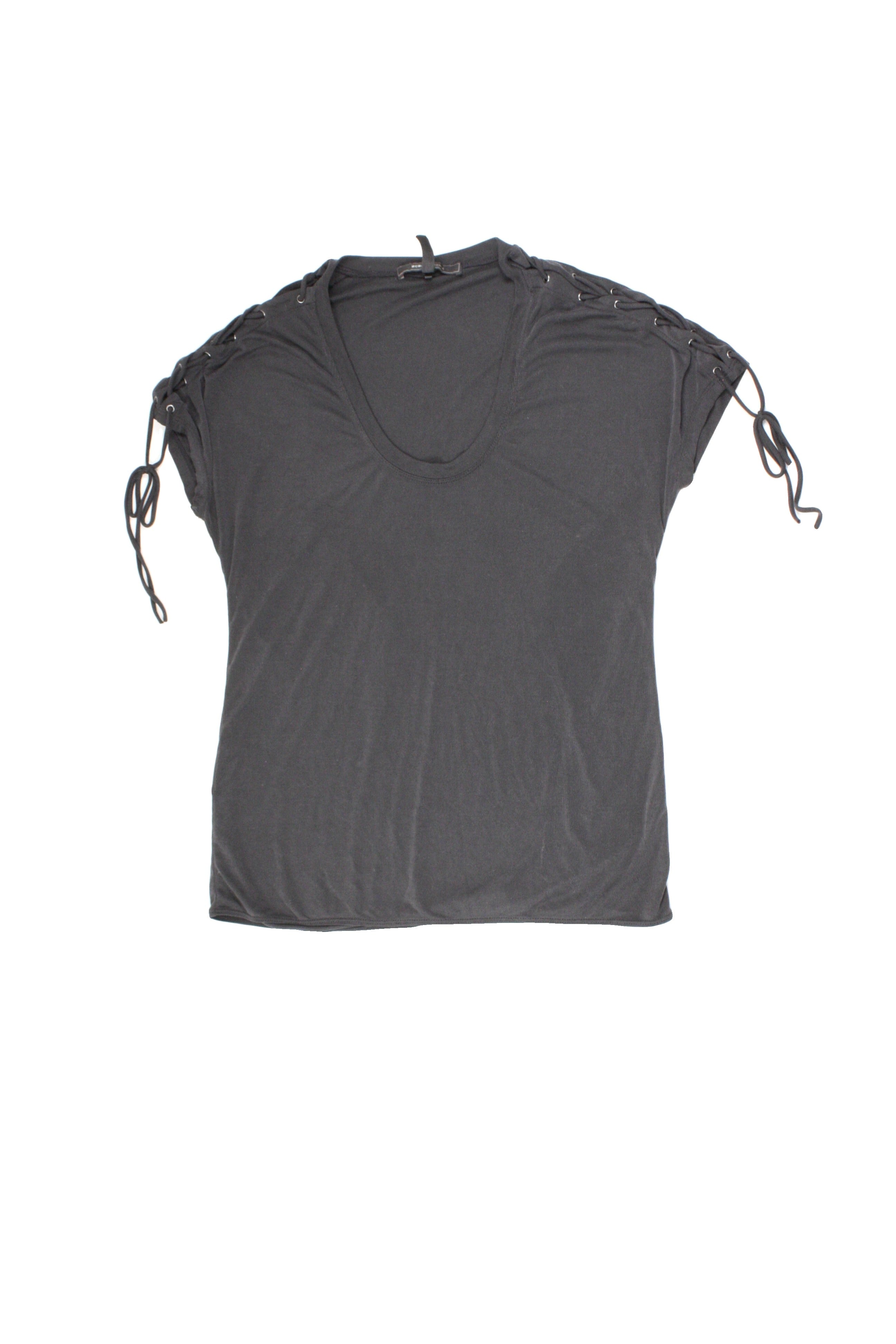 BCBG Max Azria Women's Black Short Sleeve Round Neck Top with Ribbed Trim, Shoulder Ties – Size XXS