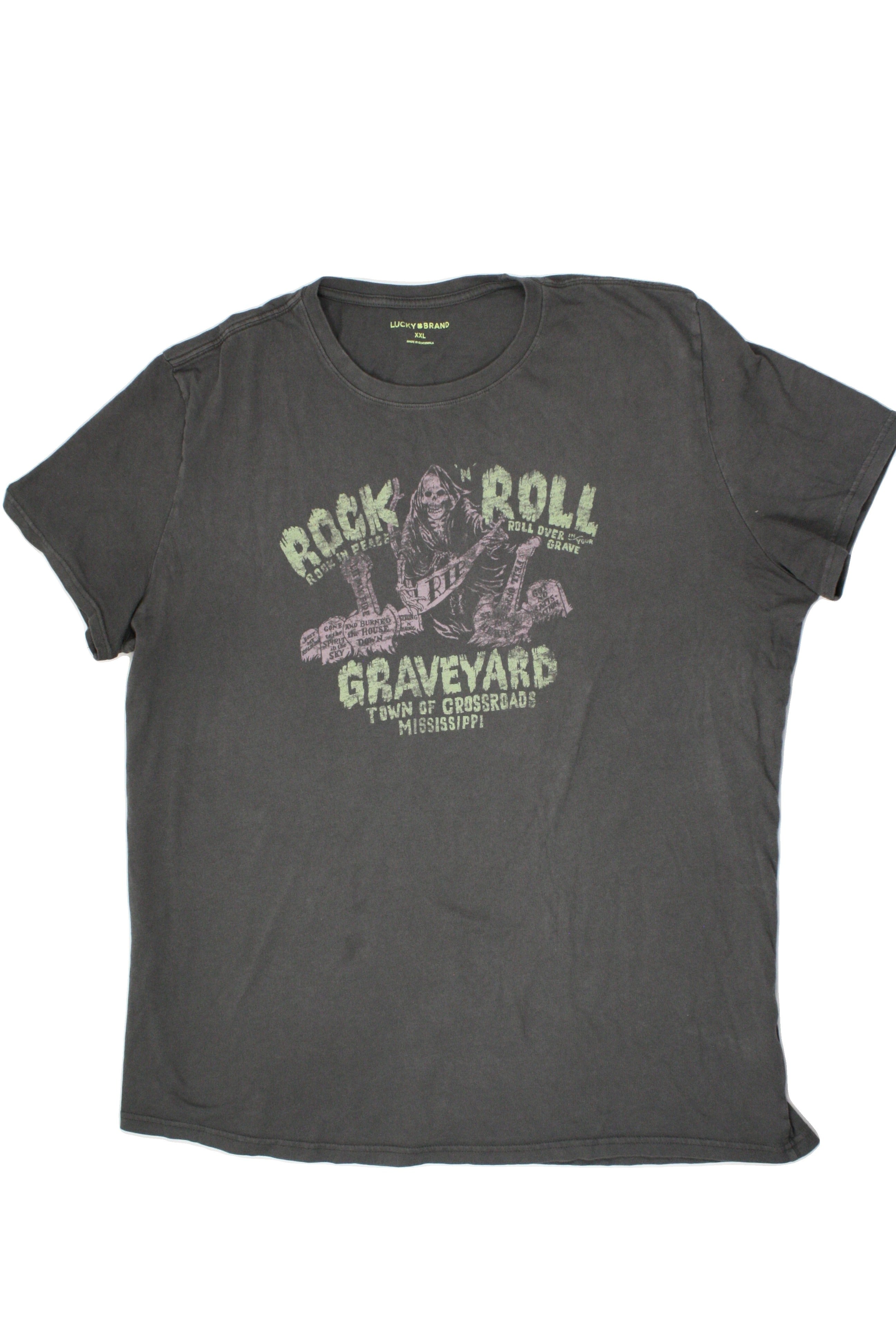 Lucky Brand Men's Gray/Light Green/Light Purple Short Sleeve Round Neck Top with Ribbed Trim, "Rock Roll" Graphic – Size XXL