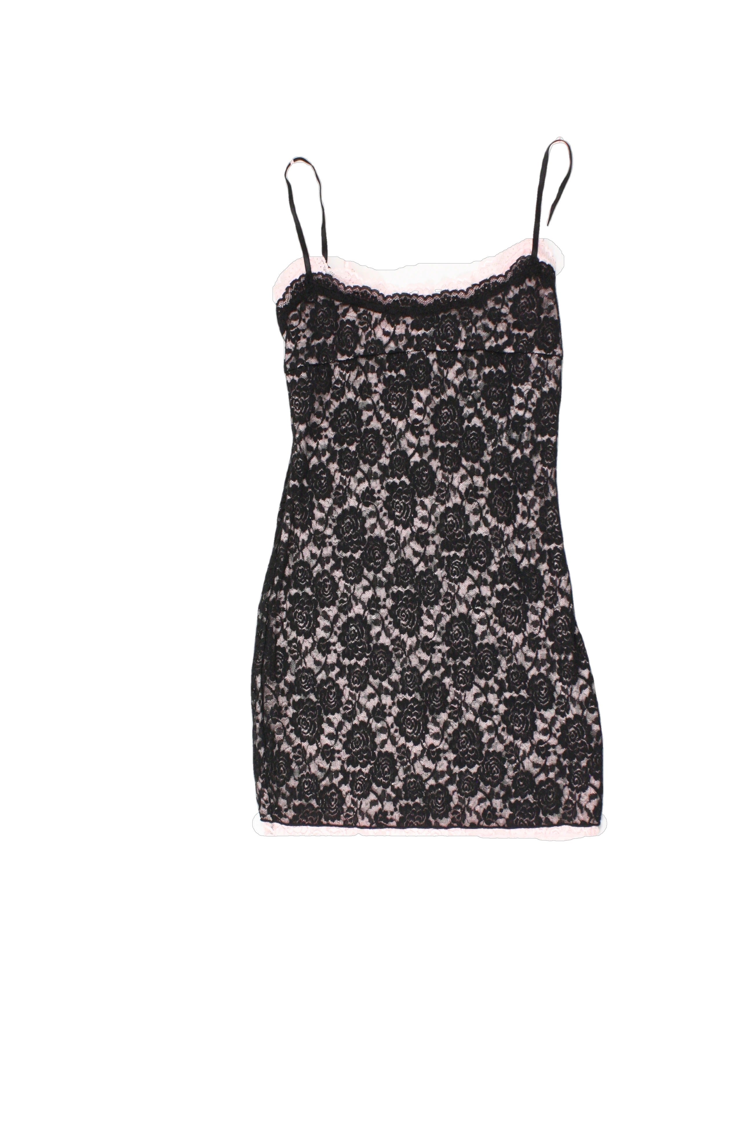 White Fox Women's Black/Pink Spaghetti Strap Dress with Lace Layers, Mini, Stretch – Size XS